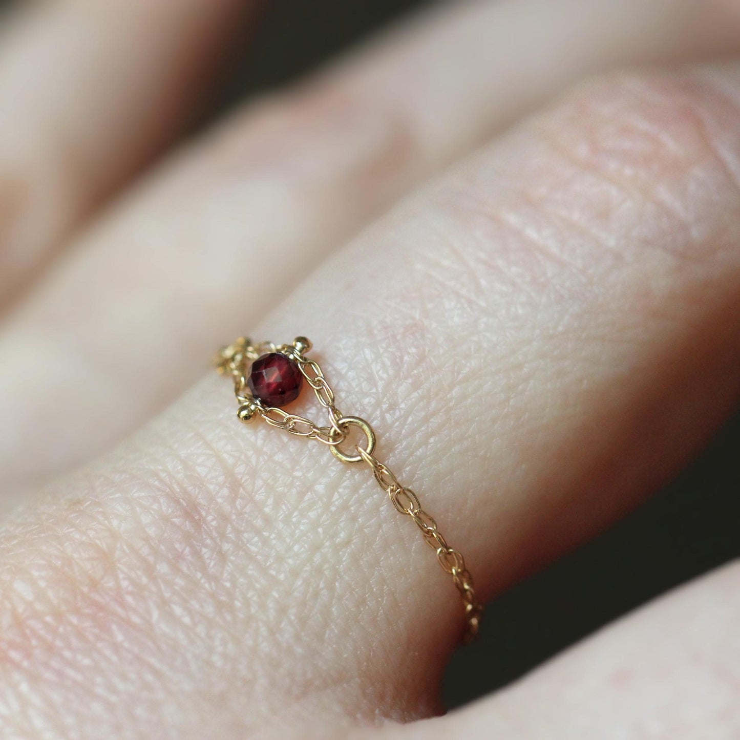 14K Gold Garnet Chain Ring, Solid Gold Chain Ring, Solid Gold Garnet Ring, Red Stone, Red and Gold, Rope Chain Ring, January Birthstone