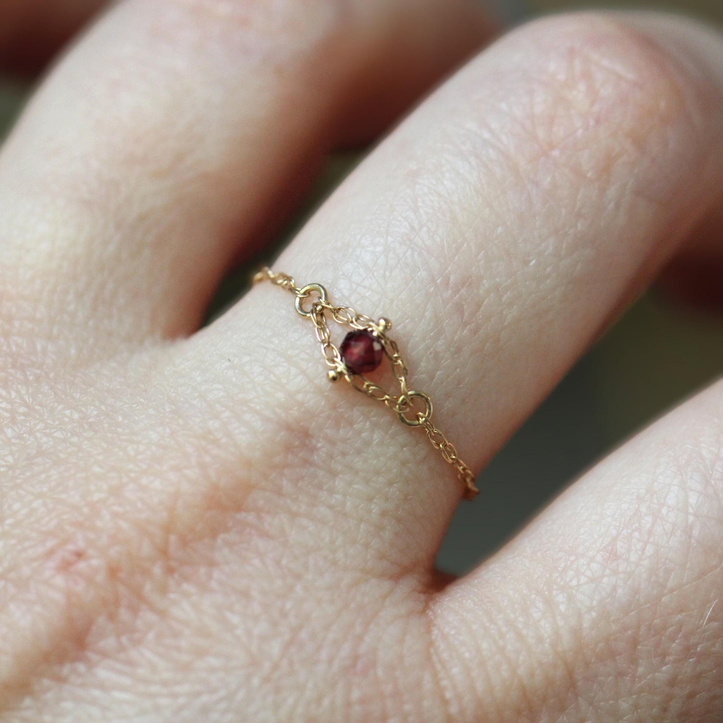 14K Gold Garnet Chain Ring, Solid Gold Chain Ring, Solid Gold Garnet Ring, Red Stone, Red and Gold, Rope Chain Ring, January Birthstone