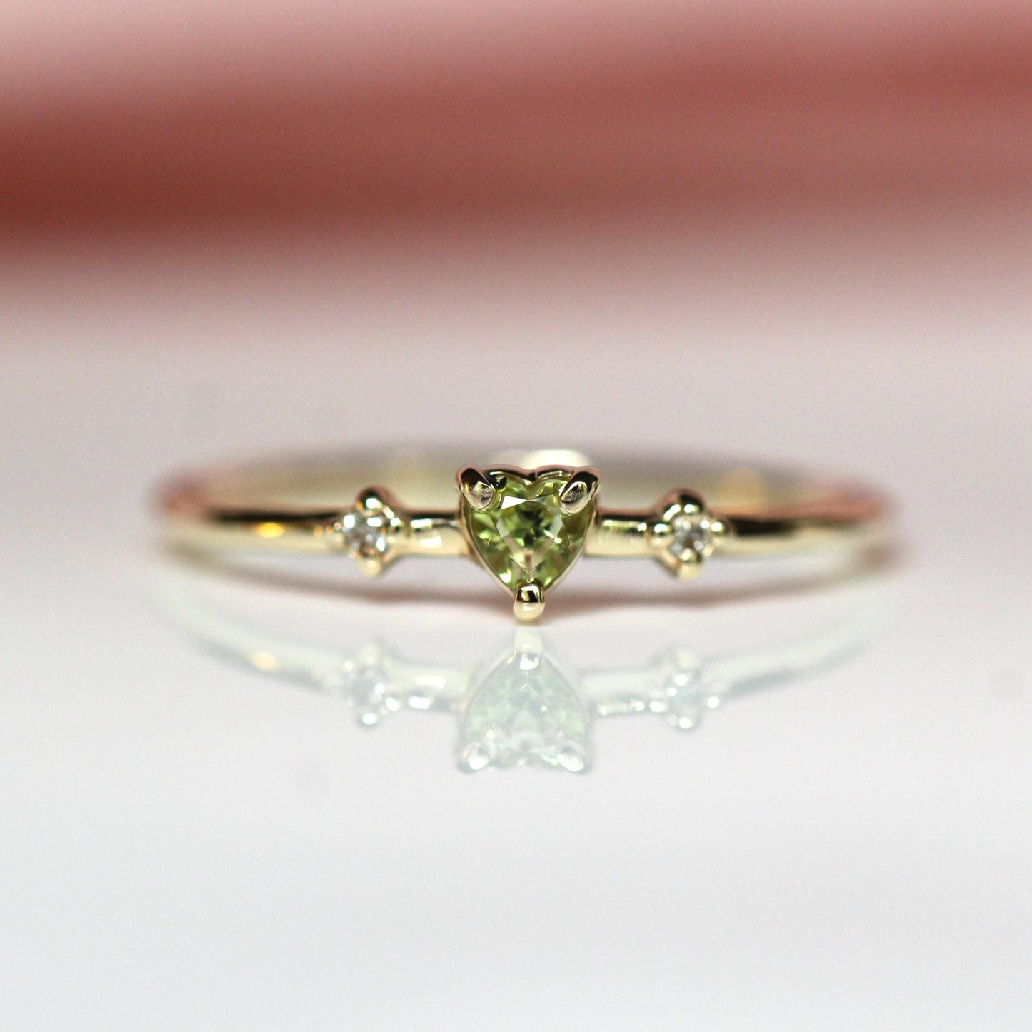 14K Peridot Heart Ring, Three Stone Ring, August Birthstone, 10K Gemstone Ring, Green Stone Ring, Tiny Heart Ring, Stacking, Diamond, Gold