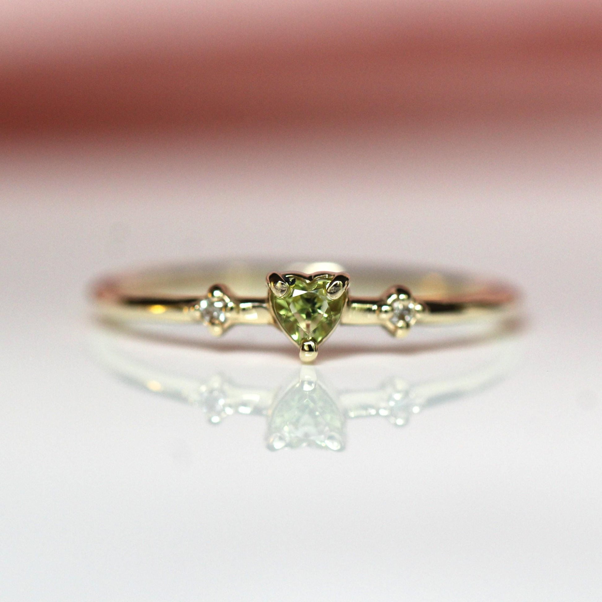 14K Peridot Heart Ring, Three Stone Ring, August Birthstone, 10K Gemstone Ring, Green Stone Ring, Tiny Heart Ring, Stacking, Diamond, Gold