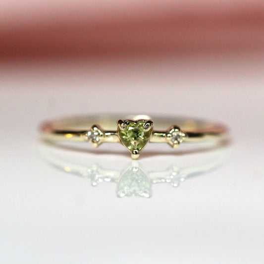 14K Peridot Heart Ring, Three Stone Ring, August Birthstone, 10K Gemstone Ring, Green Stone Ring, Tiny Heart Ring, Stacking, Diamond, Gold