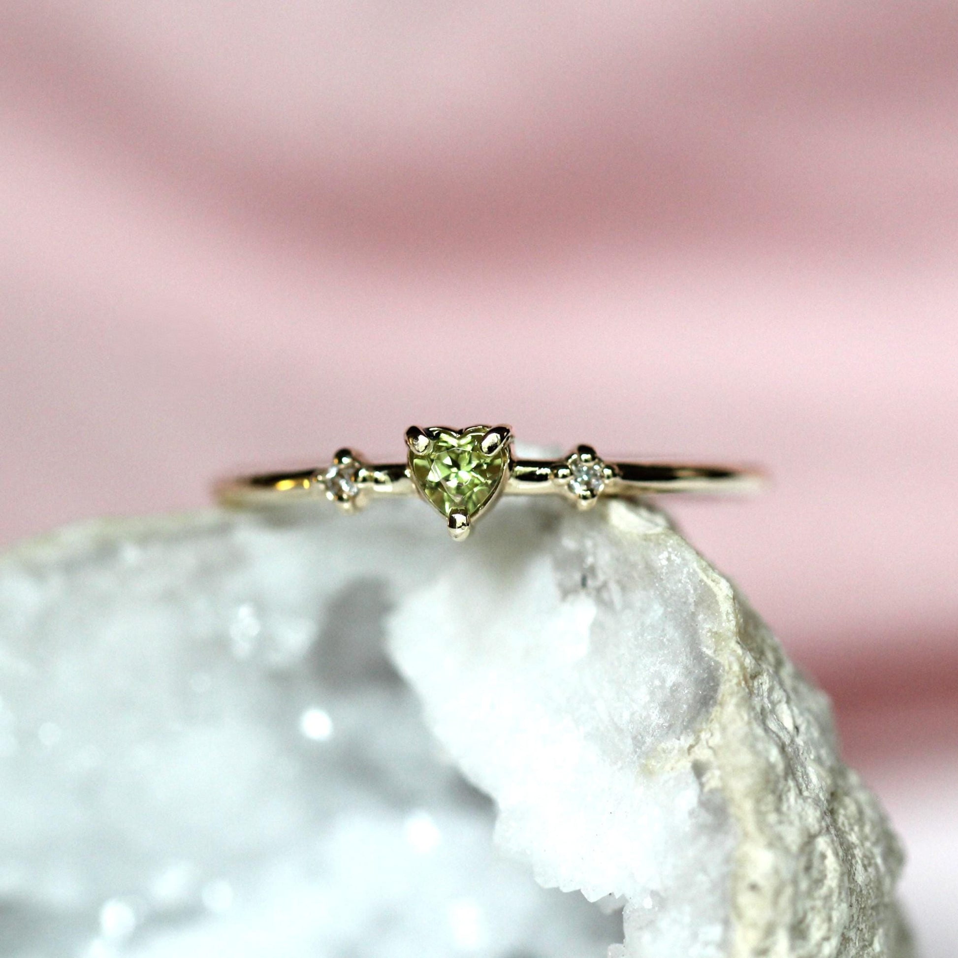 14K Peridot Heart Ring, Three Stone Ring, August Birthstone, 10K Gemstone Ring, Green Stone Ring, Tiny Heart Ring, Stacking, Diamond, Gold