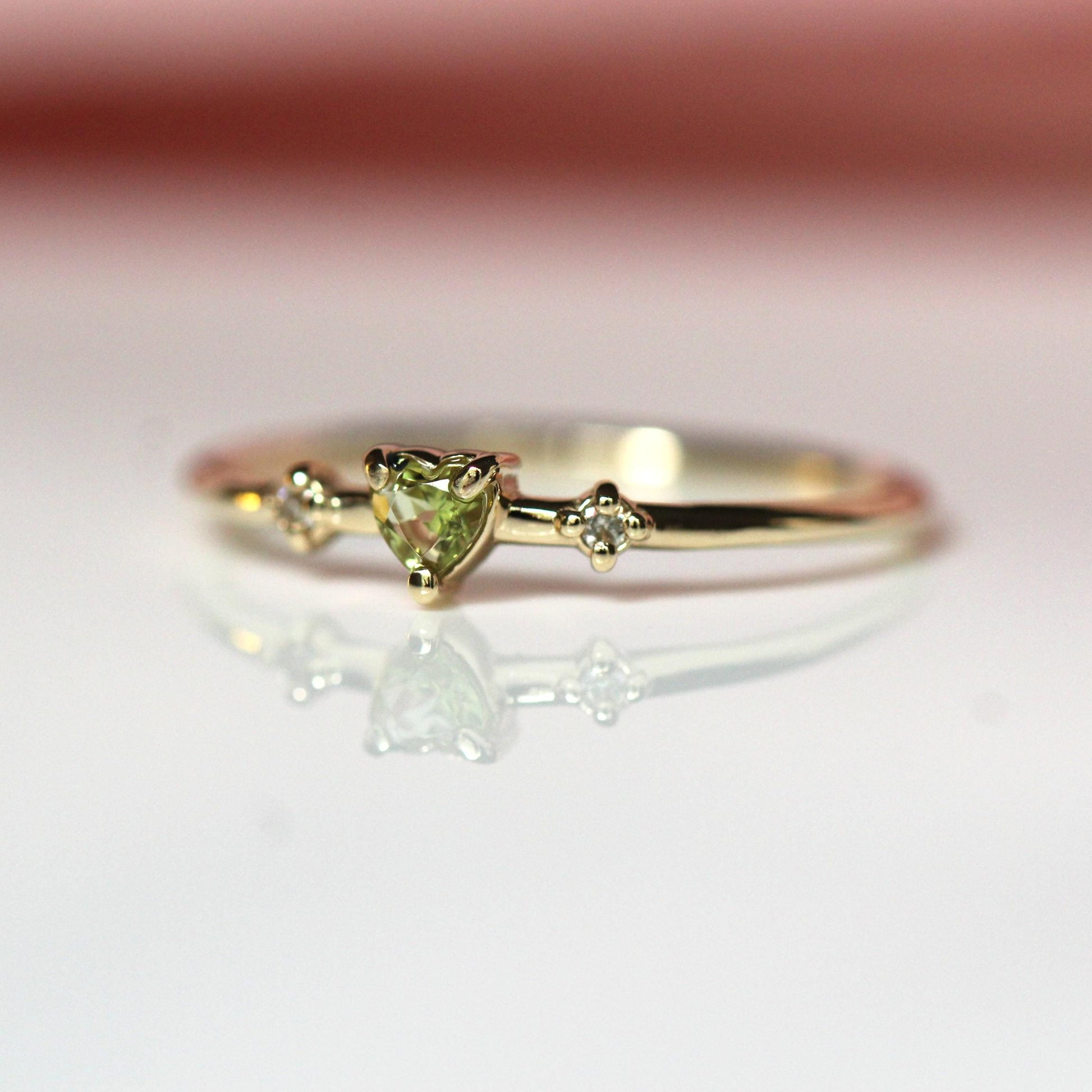 14K Peridot Heart Ring, Three Stone Ring, August Birthstone, 10K Gemstone Ring, Green Stone Ring, Tiny Heart Ring, Stacking, Diamond, Gold