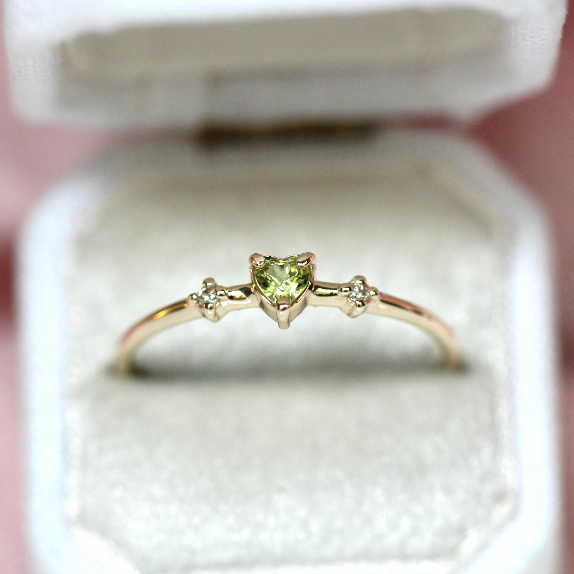 14K Peridot Heart Ring, Three Stone Ring, August Birthstone, 10K Gemstone Ring, Green Stone Ring, Tiny Heart Ring, Stacking, Diamond, Gold