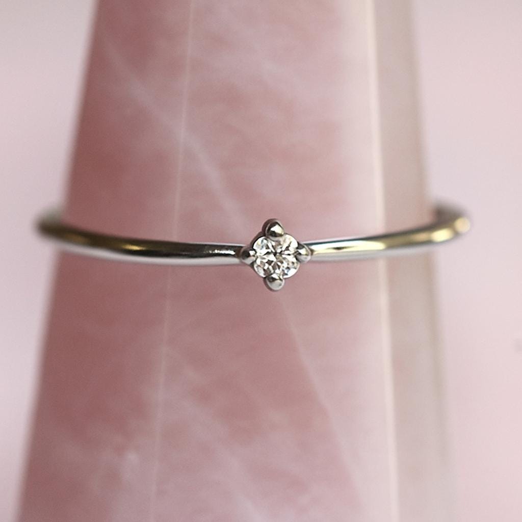 14K Gold Tiny Diamond Ring, Diamond Ring, Small Diamond Ring, Stacking Ring, April Birthstone, Four Prong Ring, Real Gold, Solid Gold