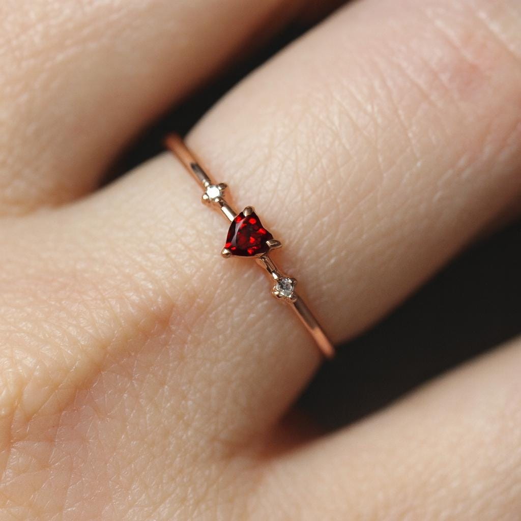 14K Garnet Heart Ring, Three Stone Ring, January Birthstone, 10K Gemstone Ring, Red Stone Ring, Tiny Heart Ring, Stacking, Diamond, Gold