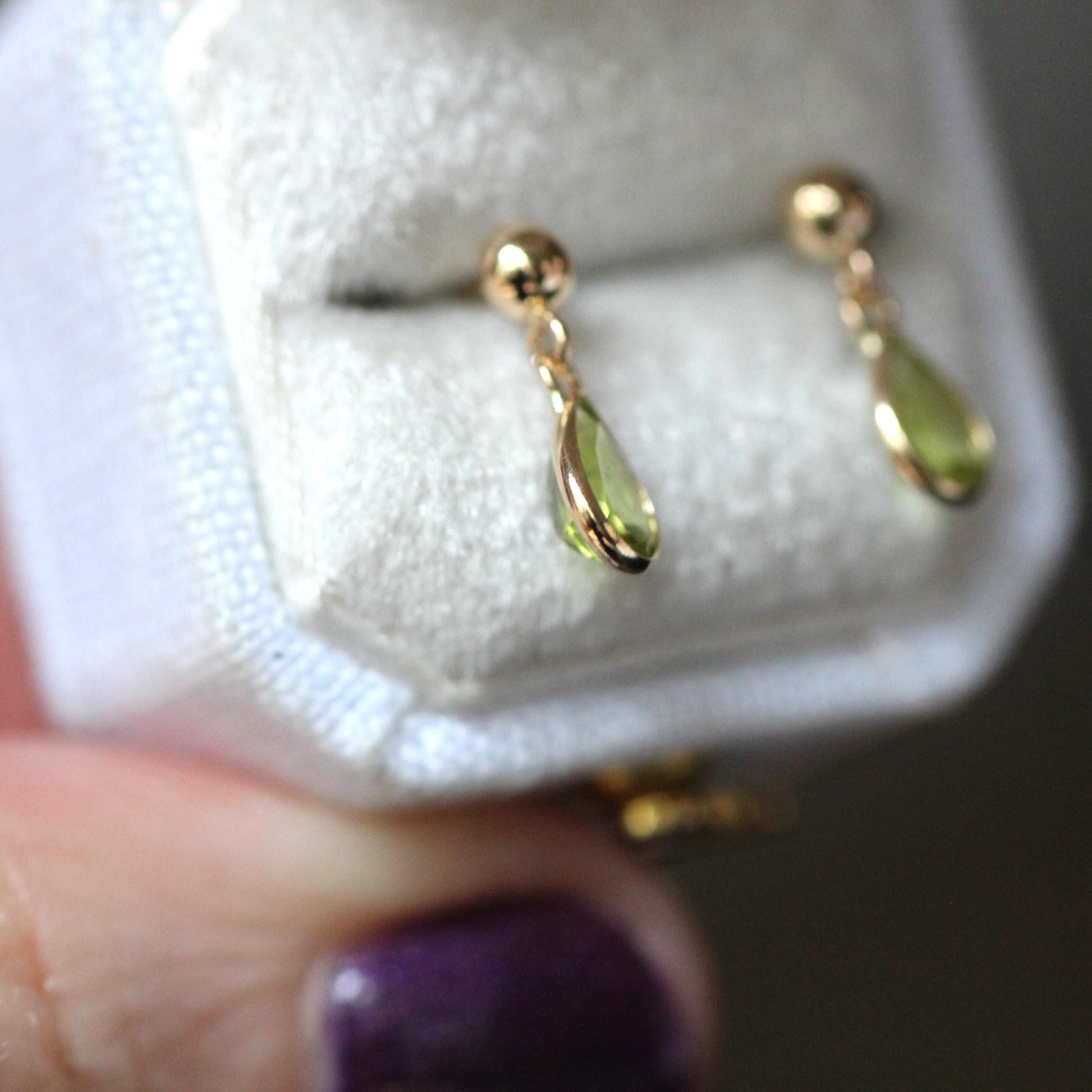 14K Peridot Pear Drop Studs, Tear Shape Peridot, Post Studs, Bezel Peridot, August Birthstone Stud, Green Gemstone, Short Dangle Earrings