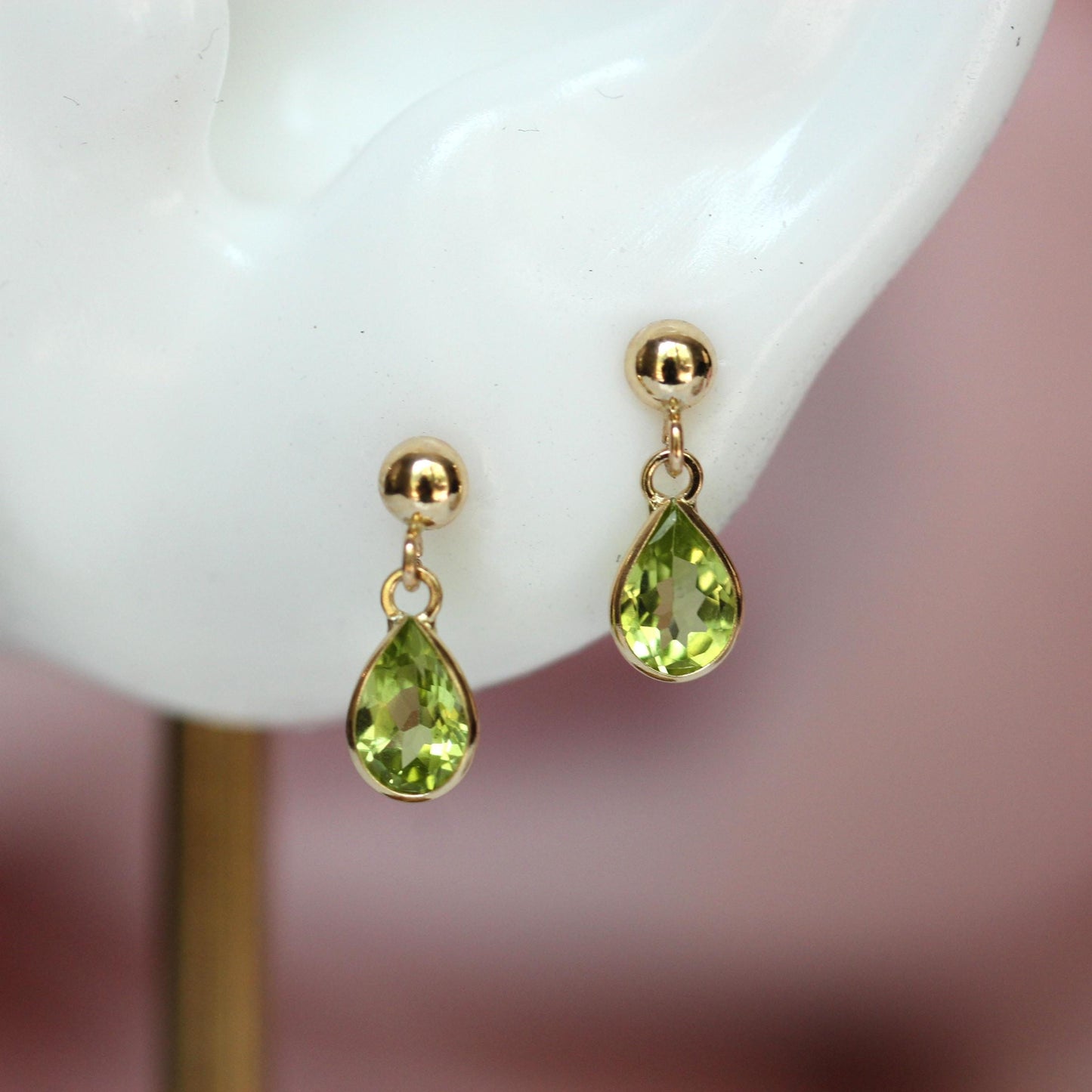 14K Peridot Pear Drop Studs, Tear Shape Peridot, Post Studs, Bezel Peridot, August Birthstone Stud, Green Gemstone, Short Dangle Earrings
