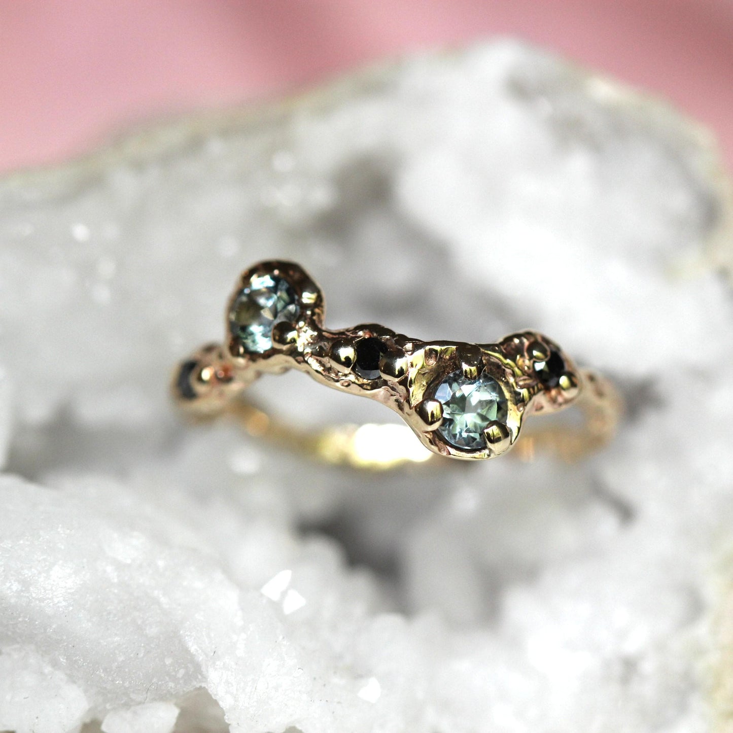 14K Grey Spinel and Black Diamond Ring, Wave Texture Ring Organic Texture Ring, Solid Gold, Molted Gold Ring, 10K Gold, Unique Ring