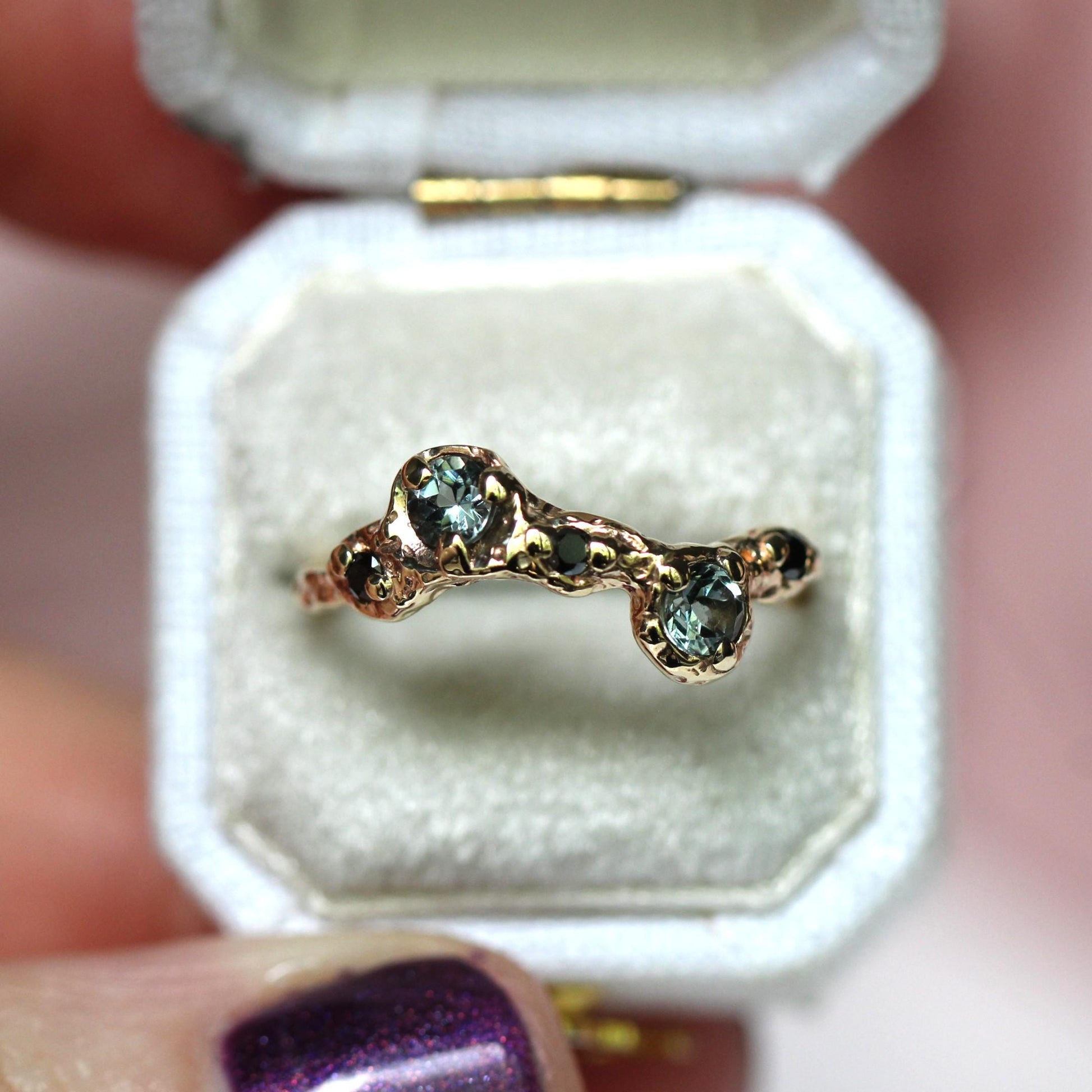 14K Grey Spinel and Black Diamond Ring, Wave Texture Ring Organic Texture Ring, Solid Gold, Molted Gold Ring, 10K Gold, Unique Ring