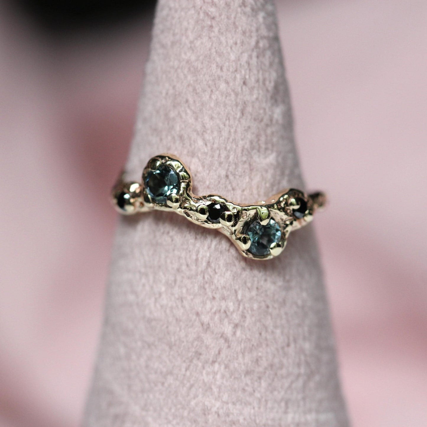 14K Grey Spinel and Black Diamond Ring, Wave Texture Ring Organic Texture Ring, Solid Gold, Molted Gold Ring, 10K Gold, Unique Ring