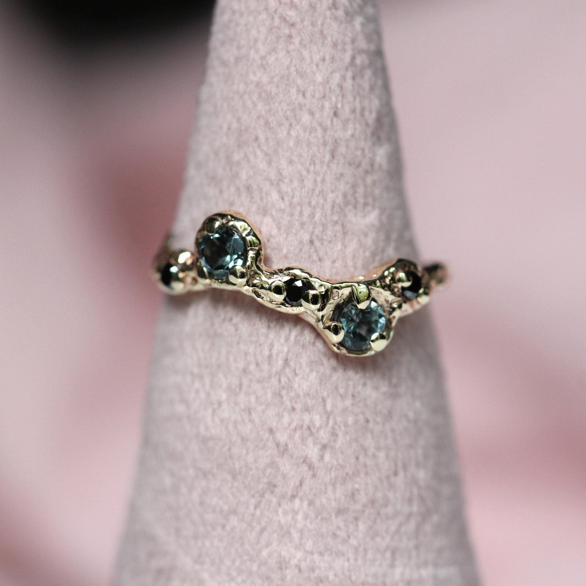 14K Grey Spinel and Black Diamond Ring, Wave Texture Ring Organic Texture Ring, Solid Gold, Molted Gold Ring, 10K Gold, Unique Ring
