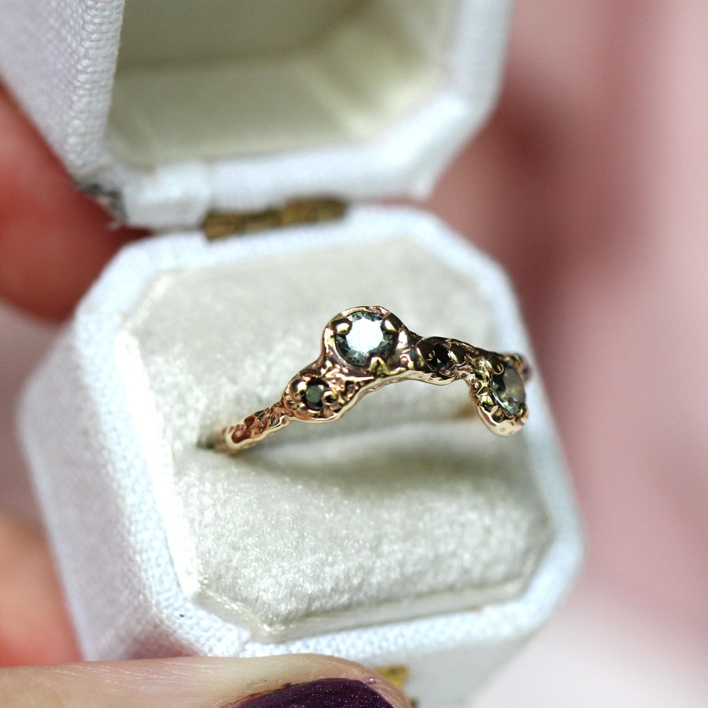 14K Grey Spinel and Black Diamond Ring, Wave Texture Ring Organic Texture Ring, Solid Gold, Molted Gold Ring, 10K Gold, Unique Ring
