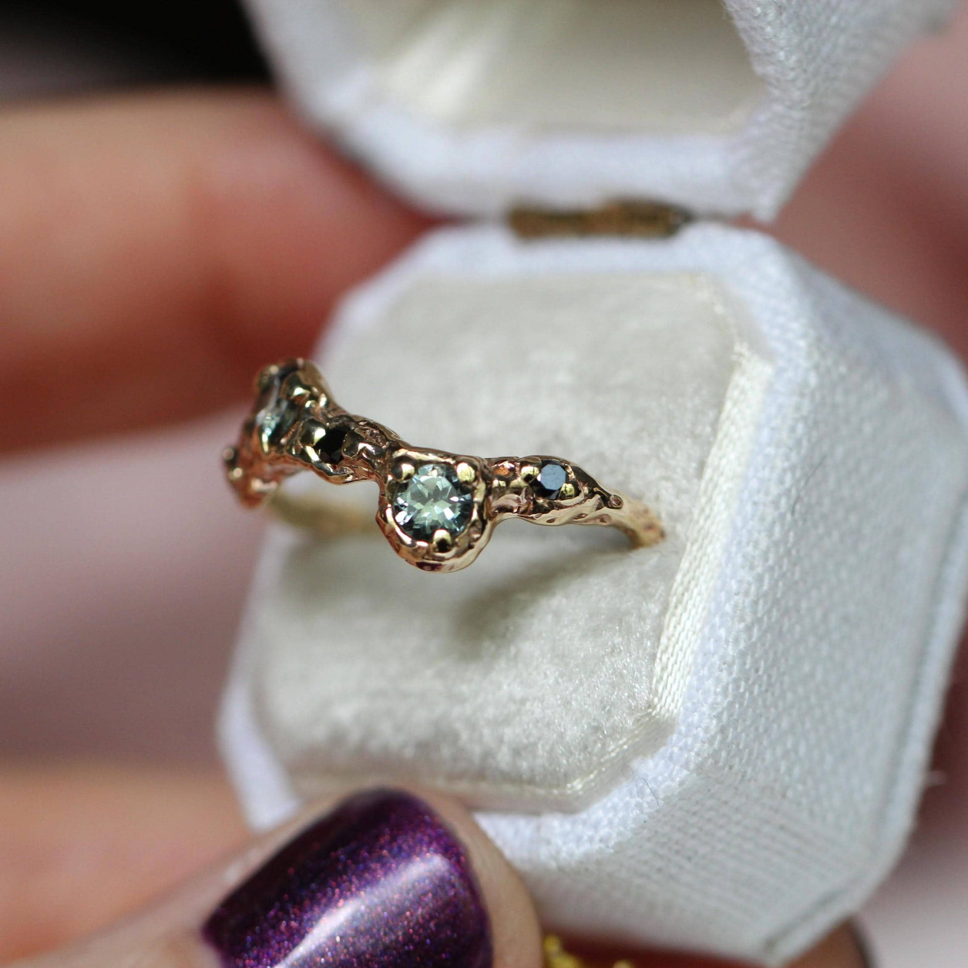 14K Grey Spinel and Black Diamond Ring, Wave Texture Ring Organic Texture Ring, Solid Gold, Molted Gold Ring, 10K Gold, Unique Ring