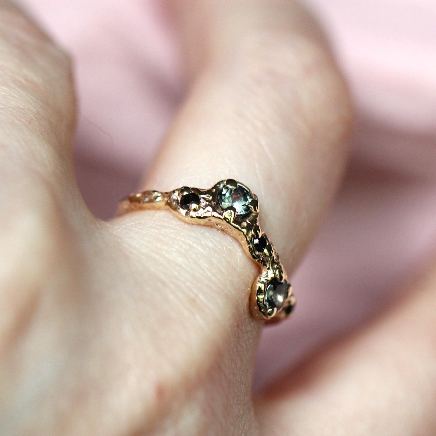 14K Grey Spinel and Black Diamond Ring, Wave Texture Ring Organic Texture Ring, Solid Gold, Molted Gold Ring, 10K Gold, Unique Ring
