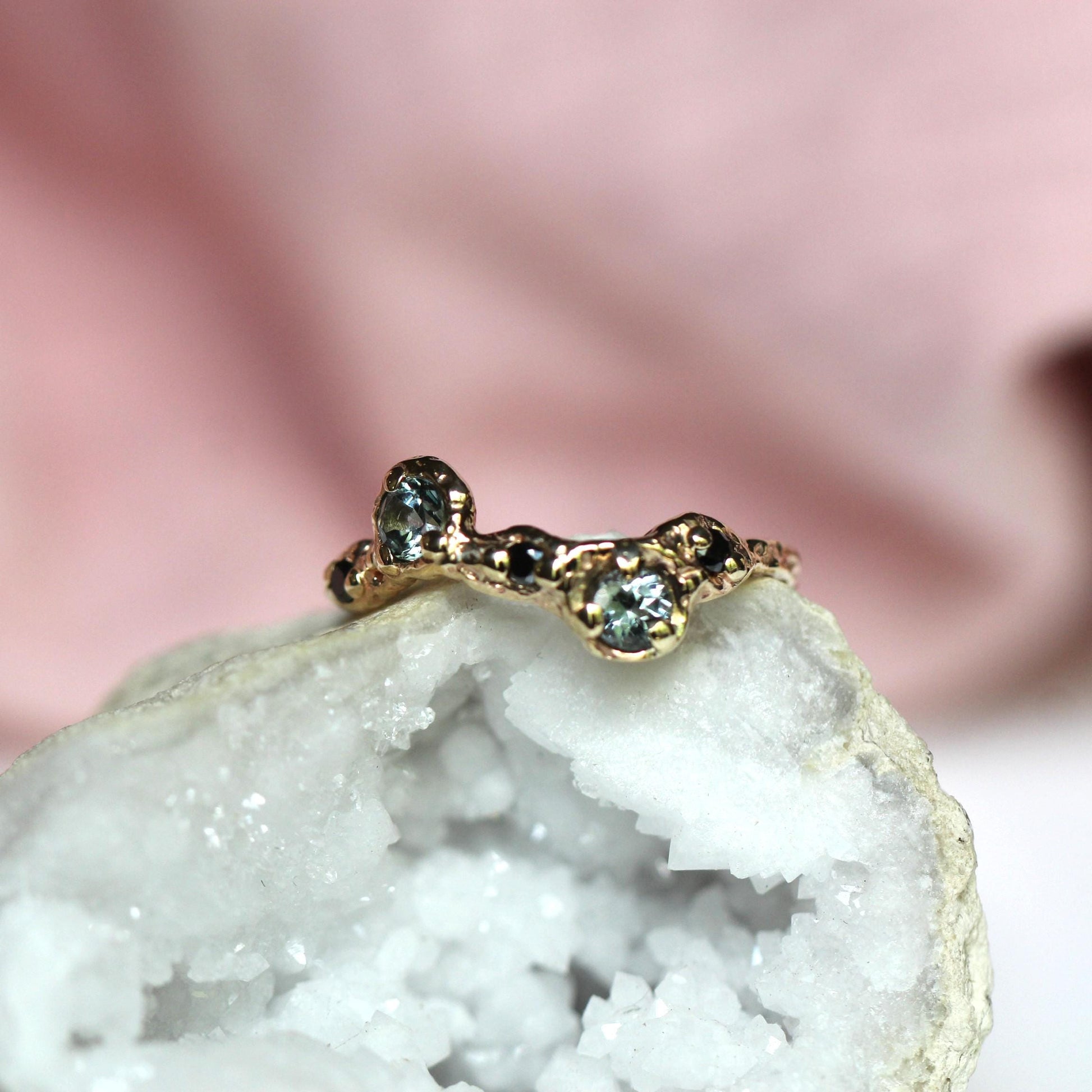 14K Grey Spinel and Black Diamond Ring, Wave Texture Ring Organic Texture Ring, Solid Gold, Molted Gold Ring, 10K Gold, Unique Ring
