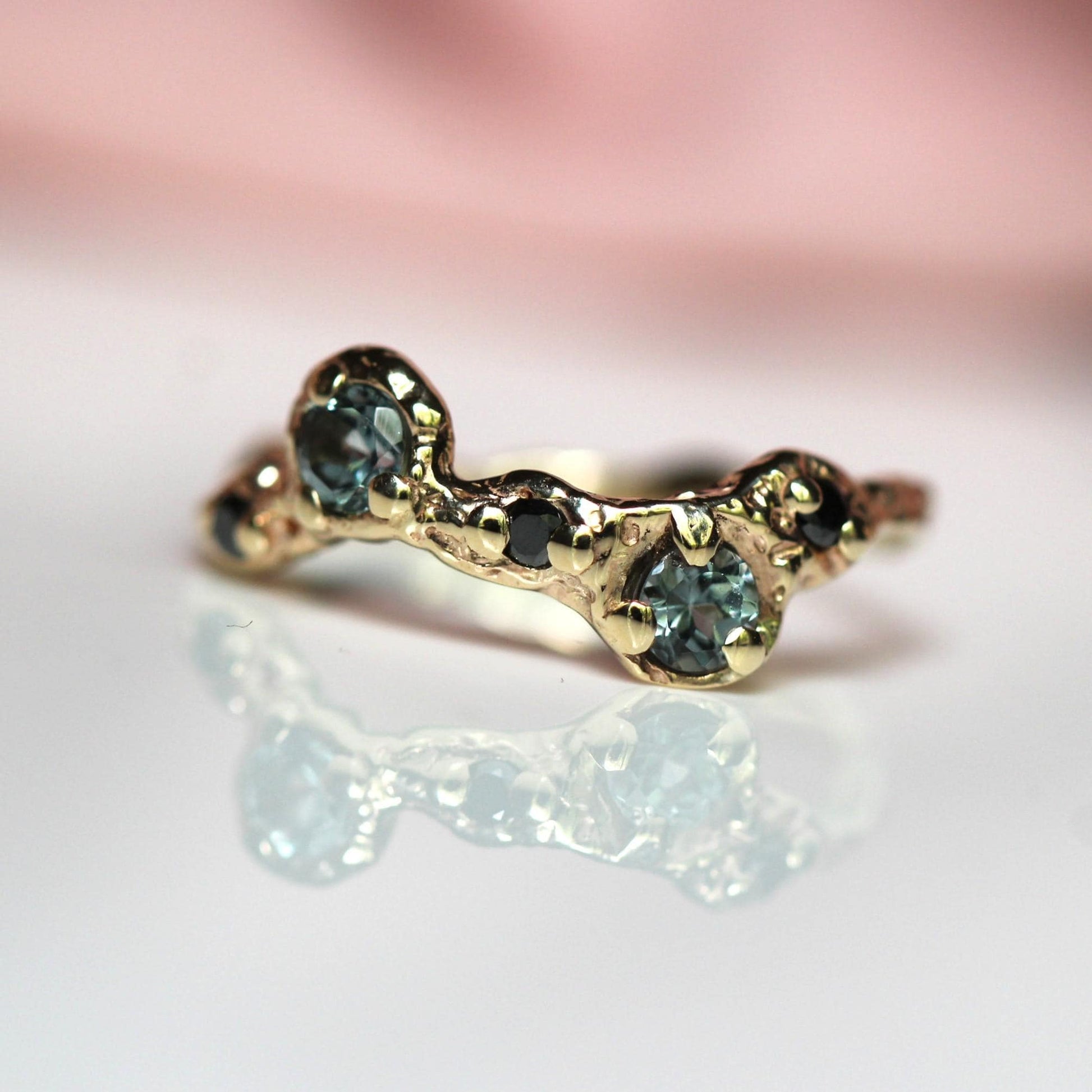 14K Grey Spinel and Black Diamond Ring, Wave Texture Ring Organic Texture Ring, Solid Gold, Molted Gold Ring, 10K Gold, Unique Ring