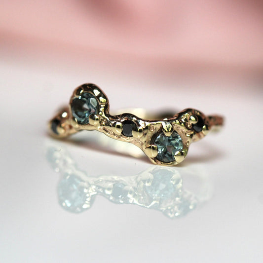 14K Grey Spinel and Black Diamond Ring, Wave Texture Ring Organic Texture Ring, Solid Gold, Molted Gold Ring, 10K Gold, Unique Ring