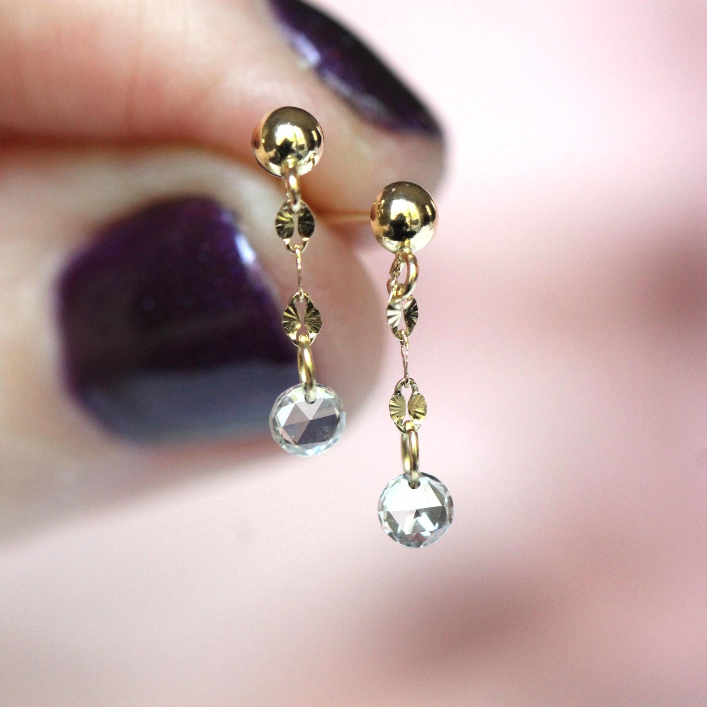 14K Rose-cut Diamond Dangle Studs, Shimmer Studs, Short Dangle Studs, Floating Diamond, Chain Studs, Sparkle Chain Earrings, Solid Gold