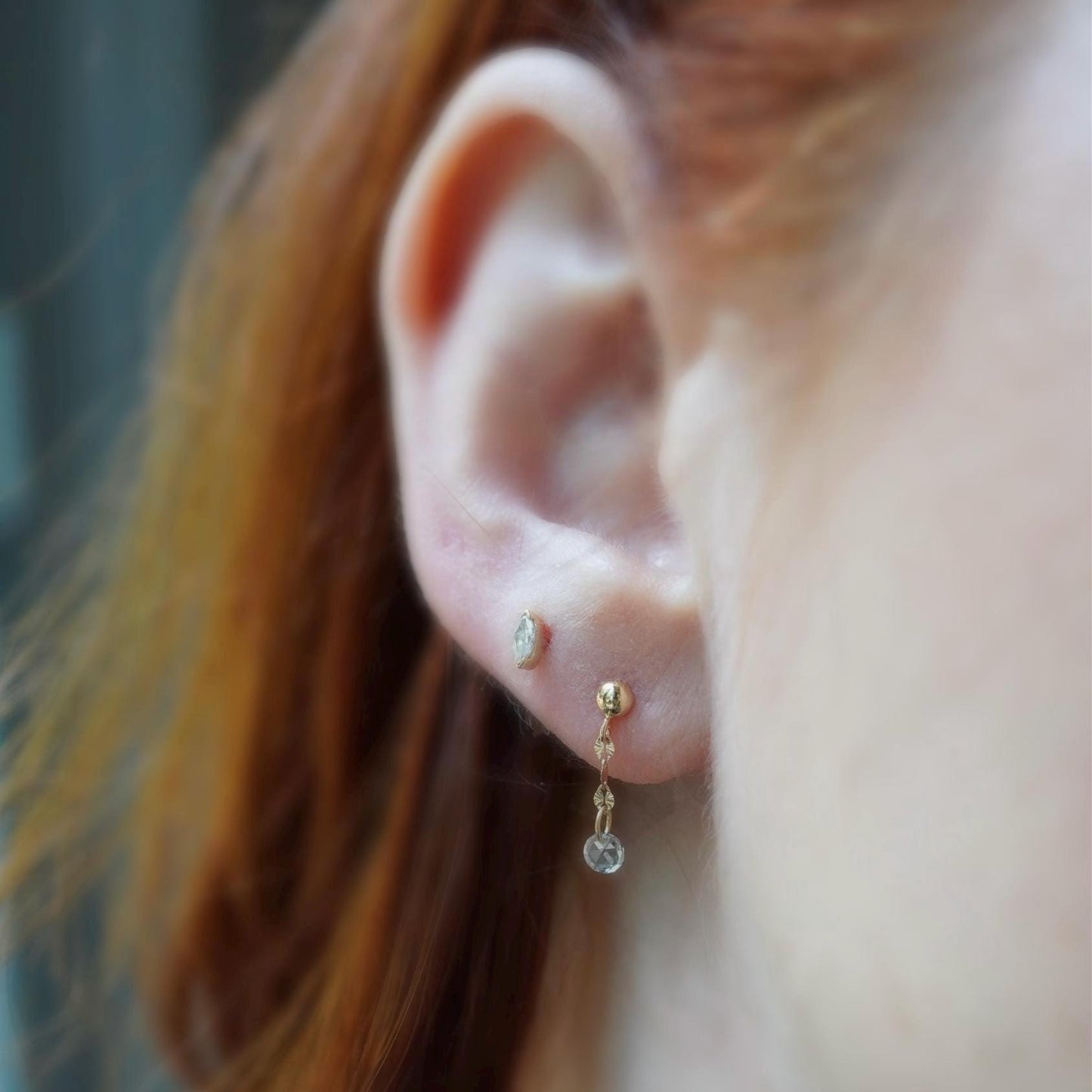 14K Rose-cut Diamond Dangle Studs, Shimmer Studs, Short Dangle Studs, Floating Diamond, Chain Studs, Sparkle Chain Earrings, Solid Gold