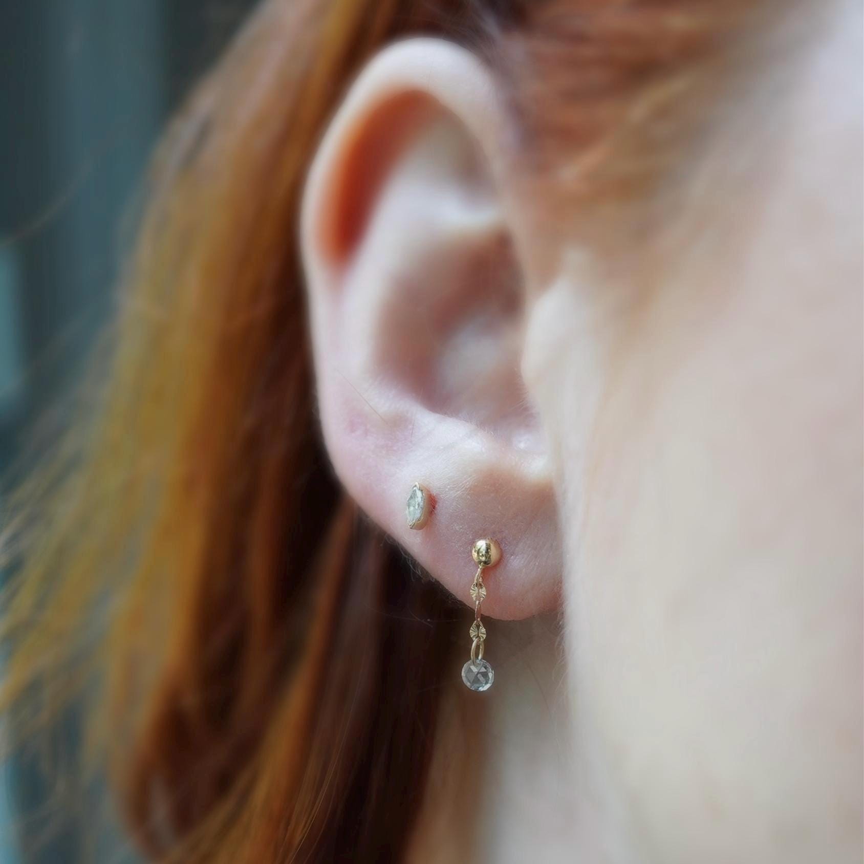14K Rose-cut Diamond Dangle Studs, Shimmer Studs, Short Dangle Studs, Floating Diamond, Chain Studs, Sparkle Chain Earrings, Solid Gold