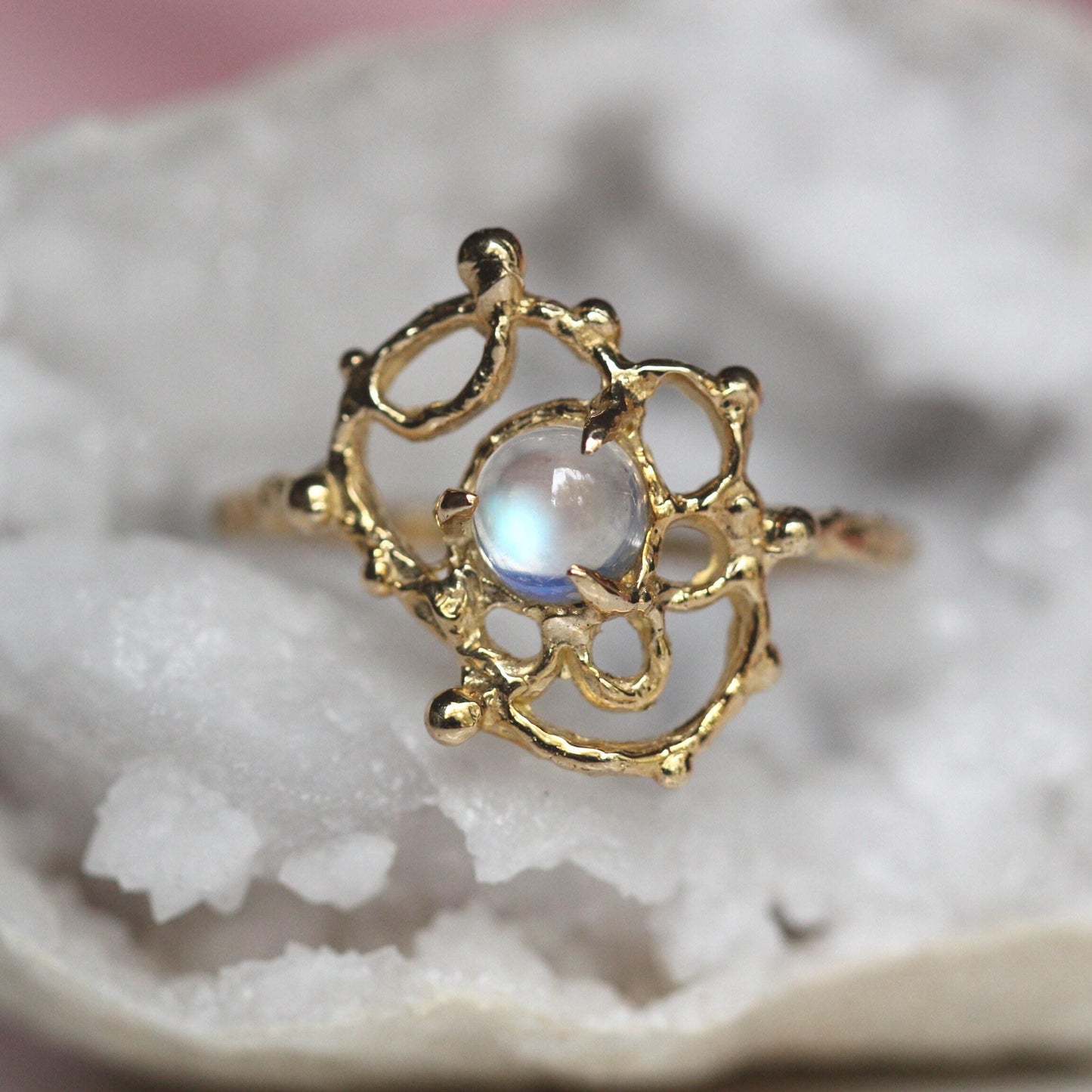 14K Gold Moonstone Lace Ring, Organix Texture Ring, Lace Inspired Ring, Rainbow Moonstone, One of a Kind, Statement Ring, 10K Gold