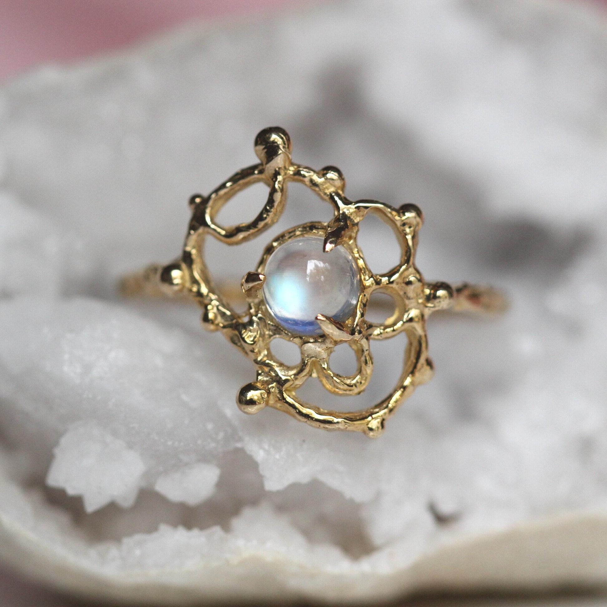 14K Gold Moonstone Lace Ring, Organix Texture Ring, Lace Inspired Ring, Rainbow Moonstone, One of a Kind, Statement Ring, 10K Gold