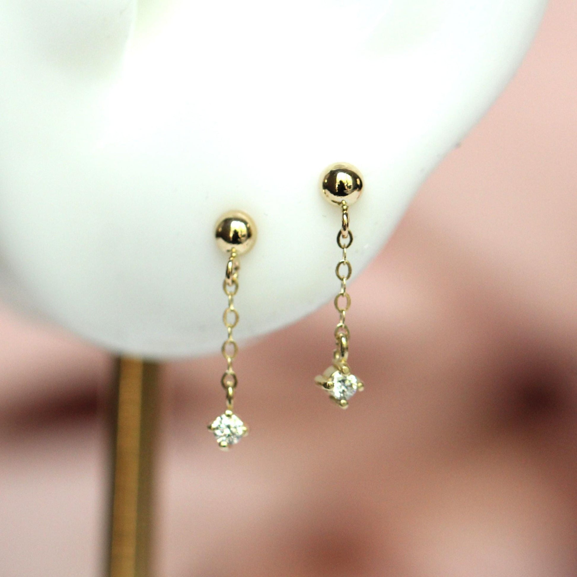 14K Gold Diamond Chain Stud Earrings, Ball Stud Dangle Earrings, Solid Gold Minimalist Earrings, Dainty Jewelry, Diamond Dangle Earrings