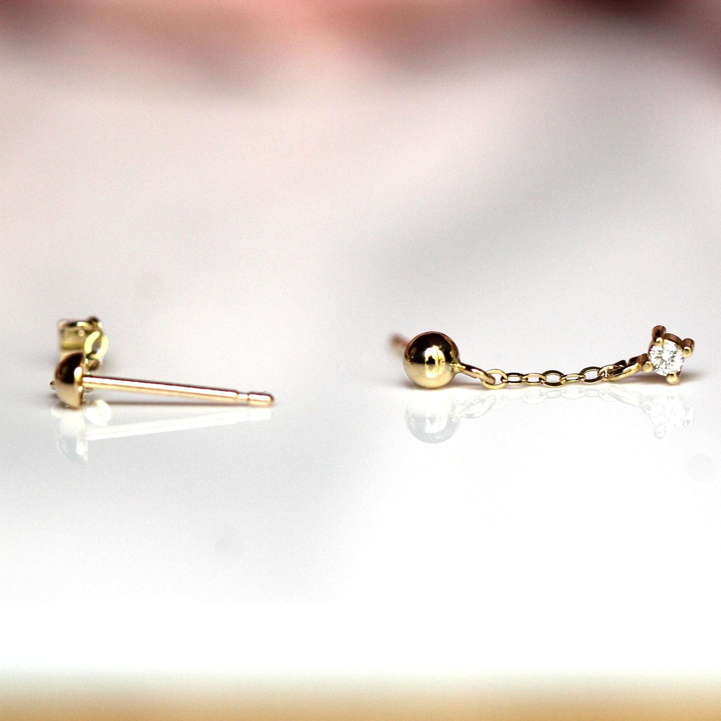 14K Gold Diamond Chain Stud Earrings, Ball Stud Dangle Earrings, Solid Gold Minimalist Earrings, Dainty Jewelry, Diamond Dangle Earrings