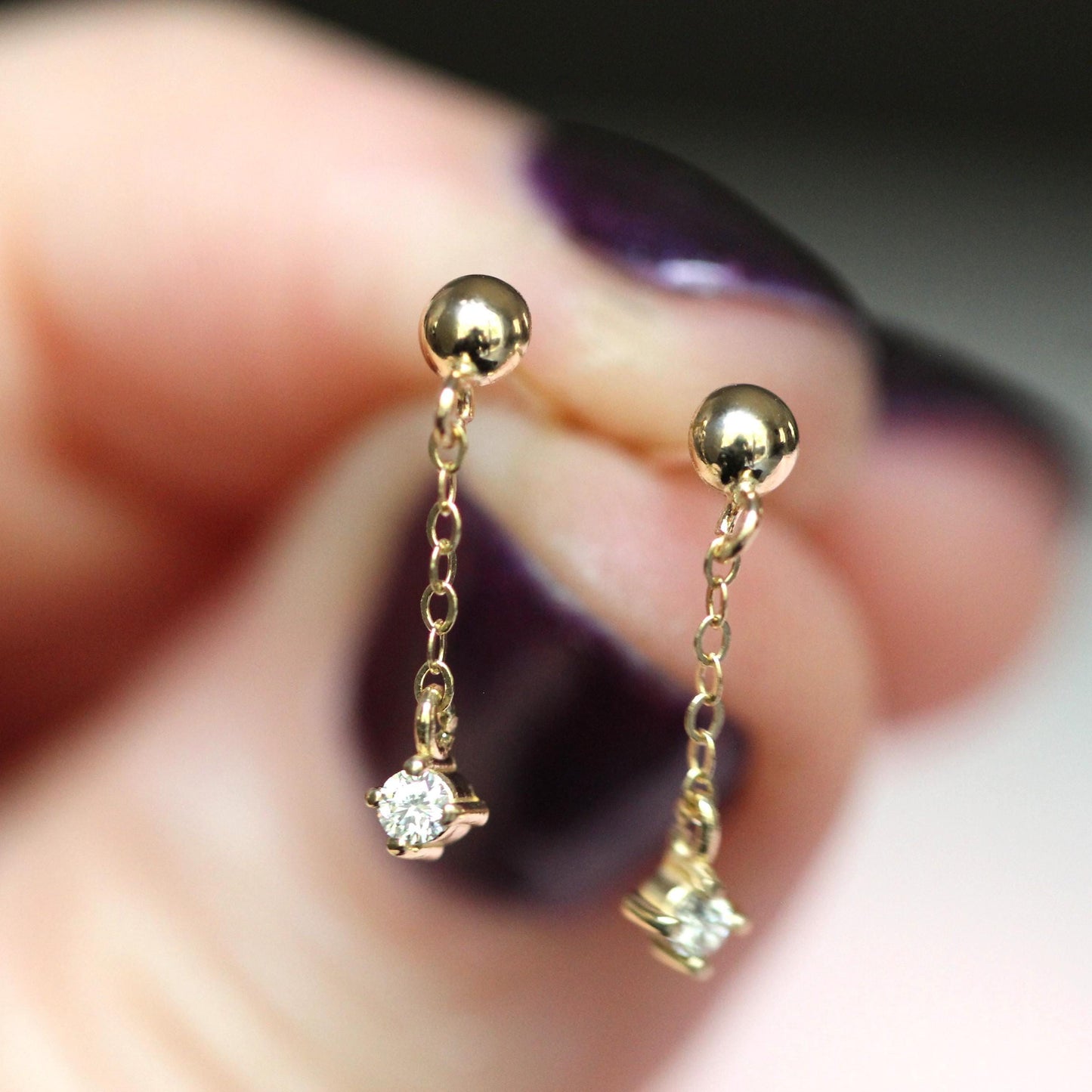 14K Gold Diamond Chain Stud Earrings, Ball Stud Dangle Earrings, Solid Gold Minimalist Earrings, Dainty Jewelry, Diamond Dangle Earrings