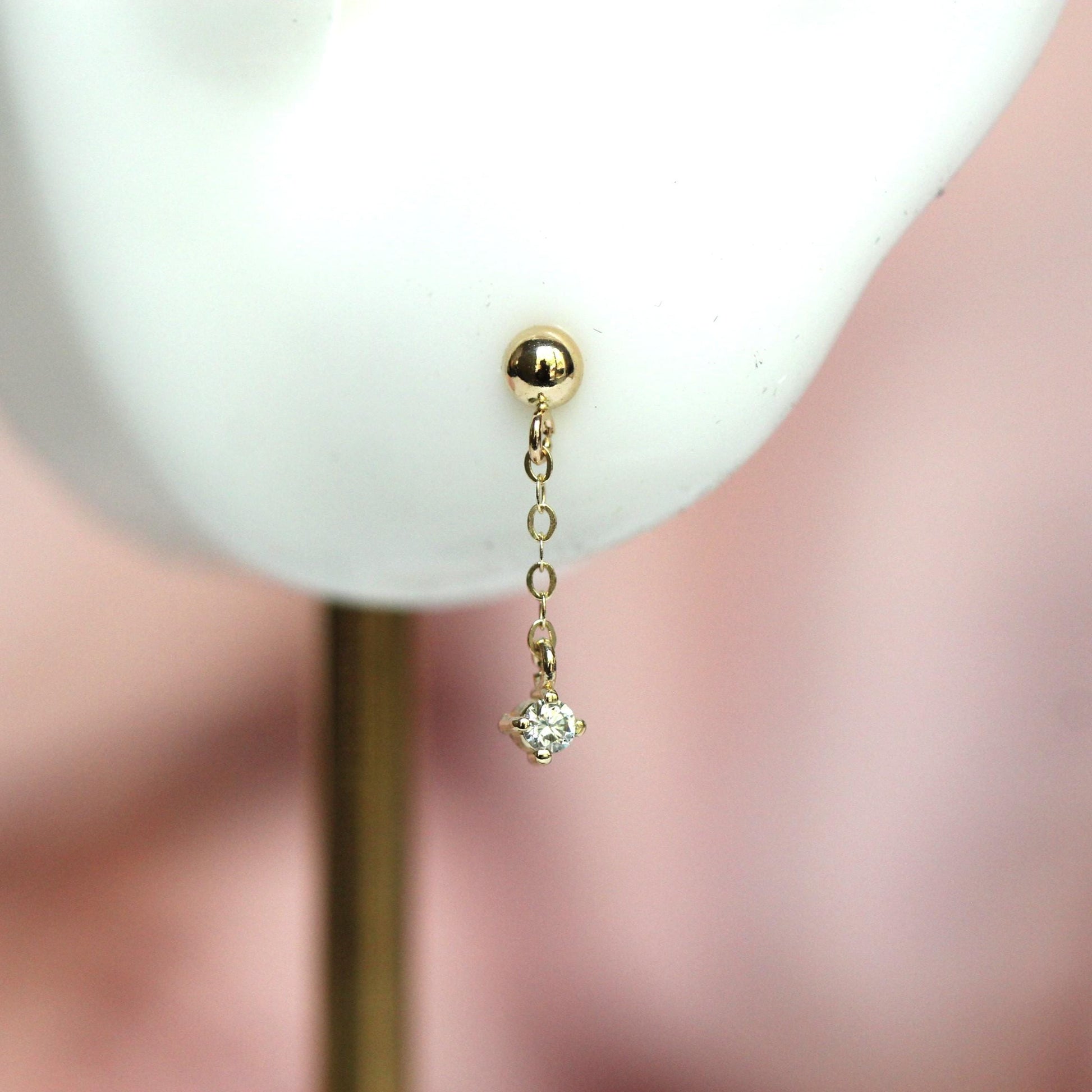 14K Gold Diamond Chain Stud Earrings, Ball Stud Dangle Earrings, Solid Gold Minimalist Earrings, Dainty Jewelry, Diamond Dangle Earrings