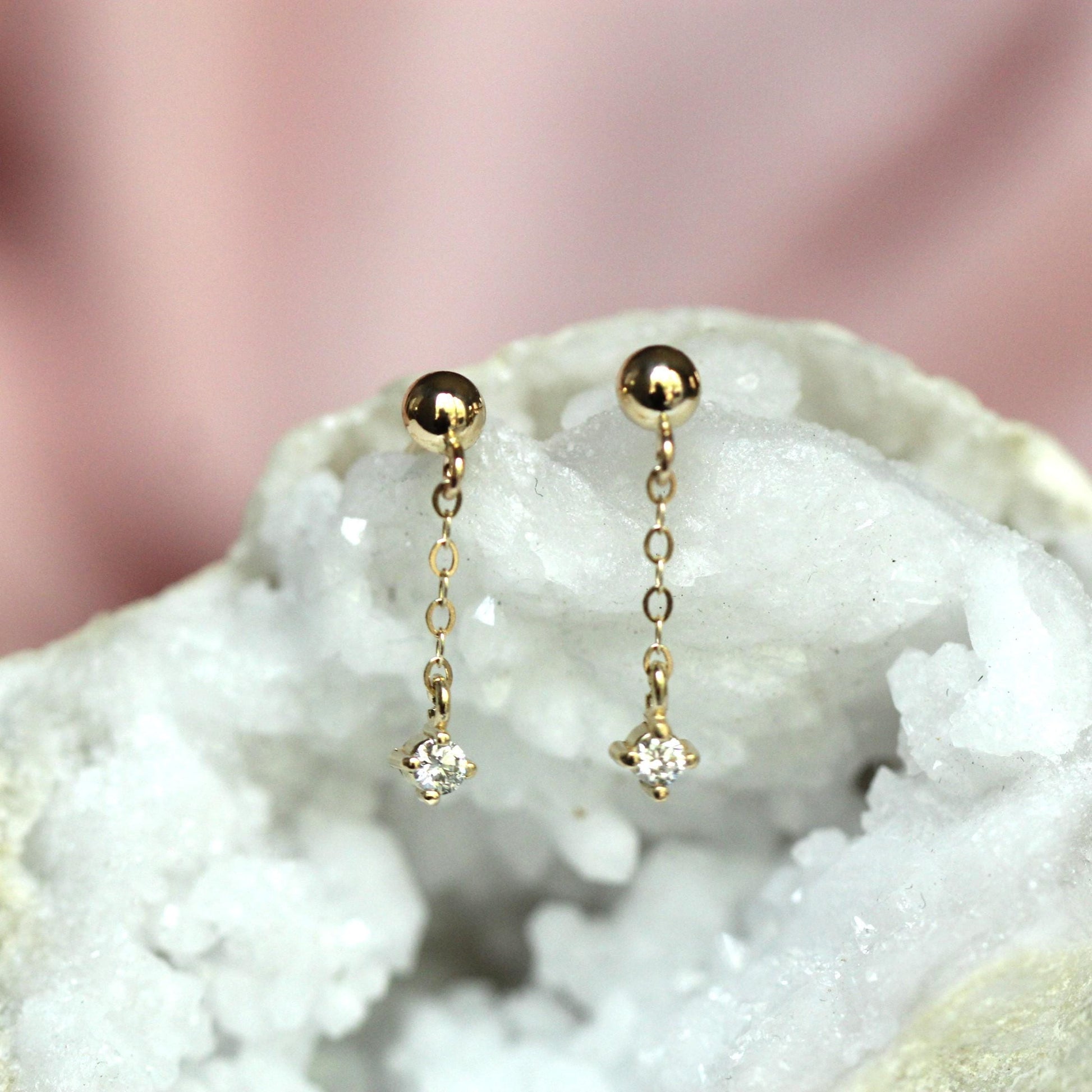 14K Gold Diamond Chain Stud Earrings, Ball Stud Dangle Earrings, Solid Gold Minimalist Earrings, Dainty Jewelry, Diamond Dangle Earrings