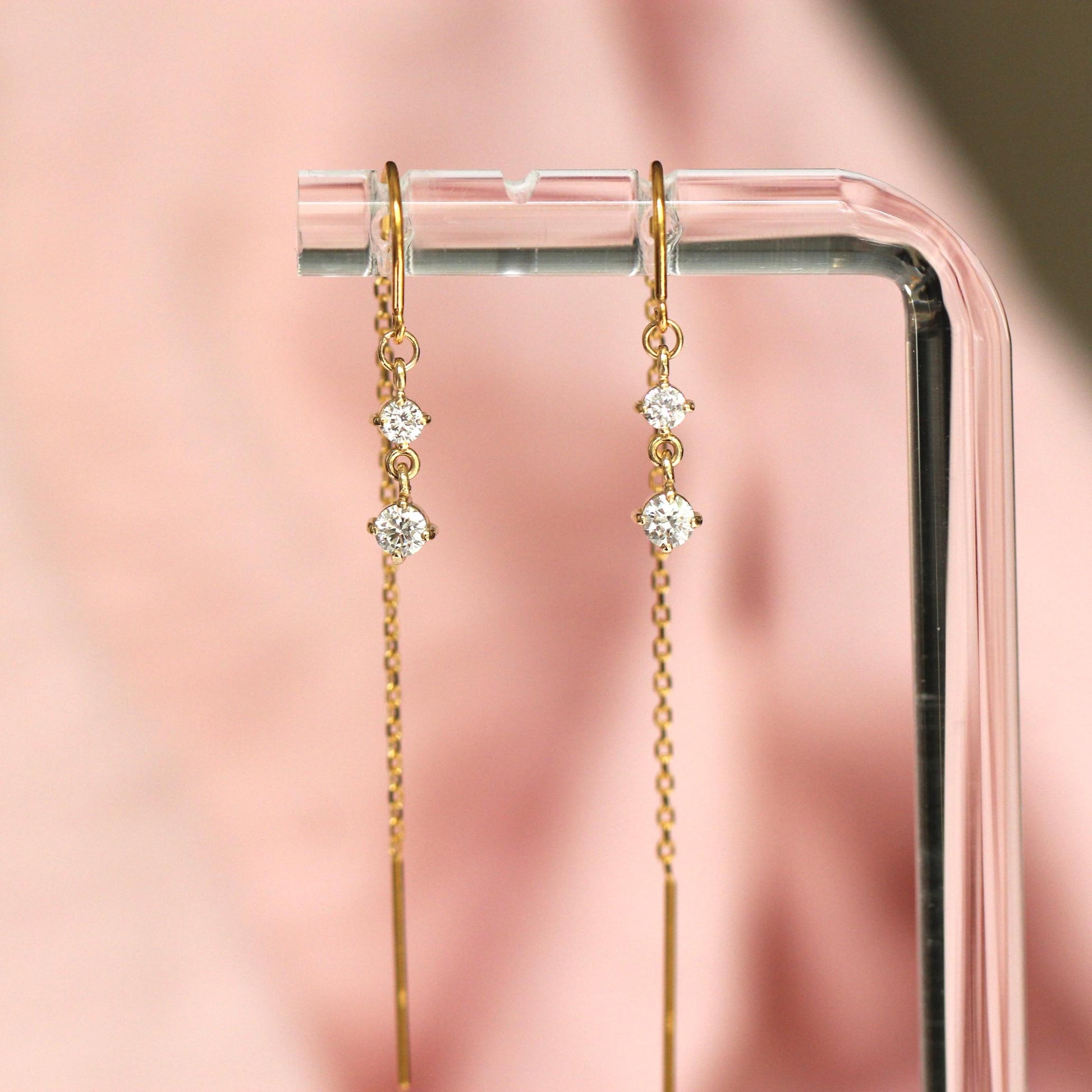 14K Gold Diamond Threader Earrings, Double Diamond, Hoop Threader, Looping Earrings, Solid Gold Earrings, Two Diamonds, Dangle Earrings