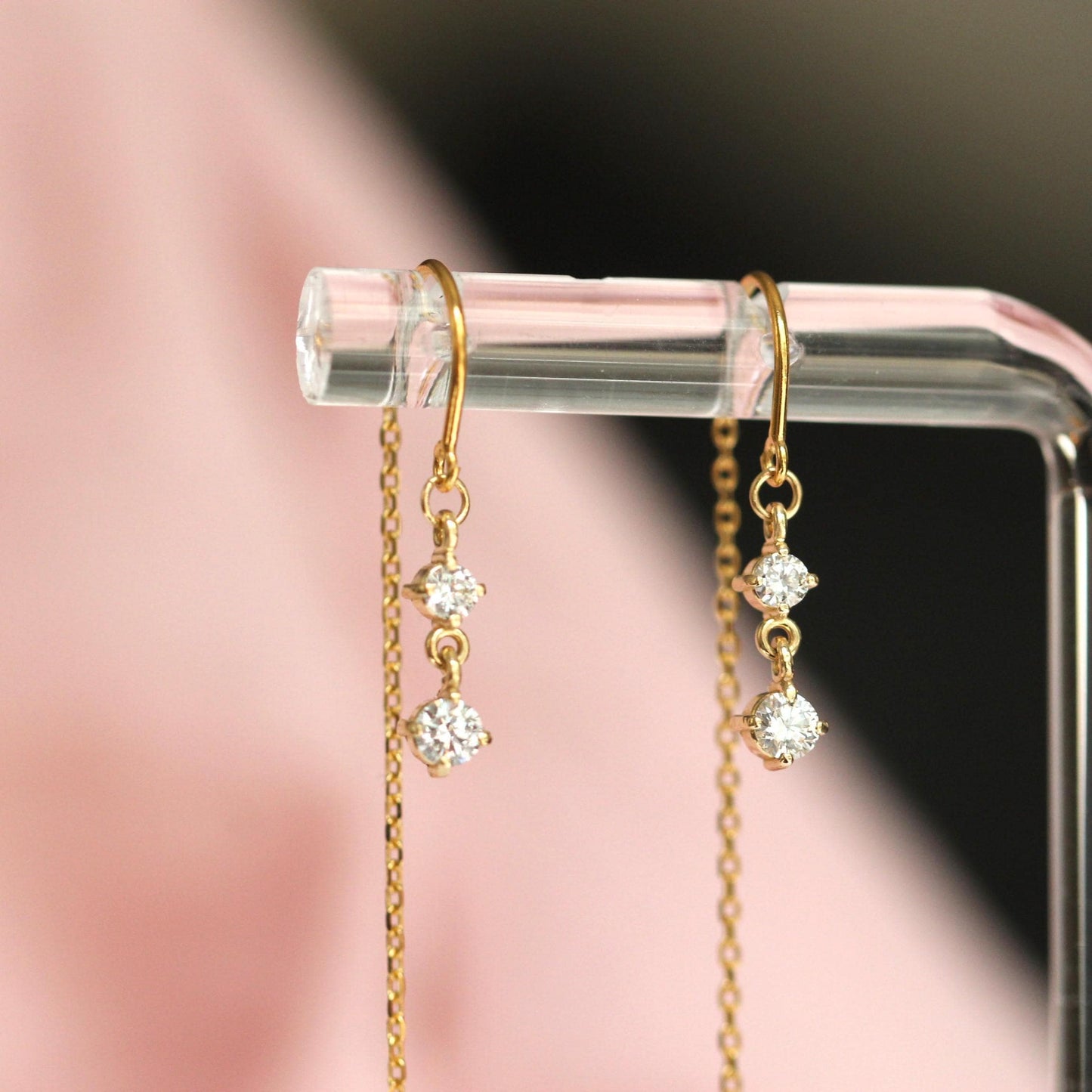 14K Gold Diamond Threader Earrings, Double Diamond, Hoop Threader, Looping Earrings, Solid Gold Earrings, Two Diamonds, Dangle Earrings