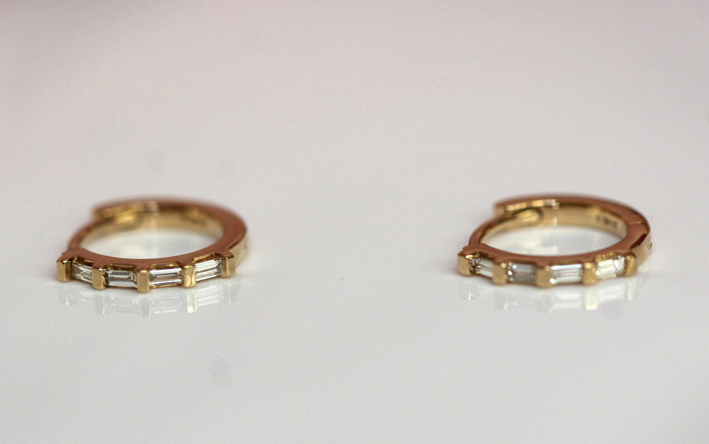 14K Baguette Diamond Huggie Earrings, Natural Diamonds, Clicker Closure Huggie, Solid Gold, 10mm Heggie, Rectangle Diamond, Step Cut