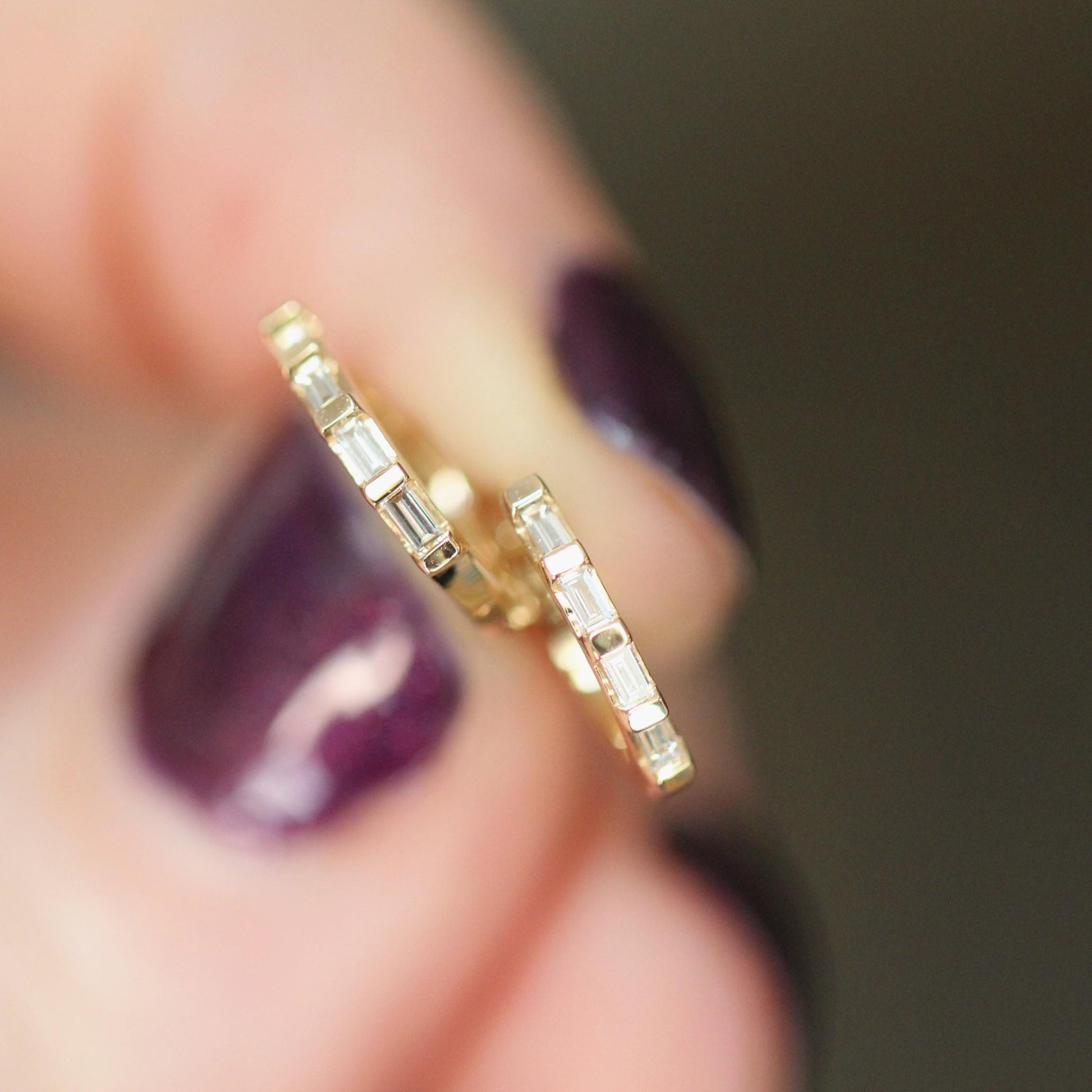 14K Baguette Diamond Huggie Earrings, Natural Diamonds, Clicker Closure Huggie, Solid Gold, 10mm Heggie, Rectangle Diamond, Step Cut
