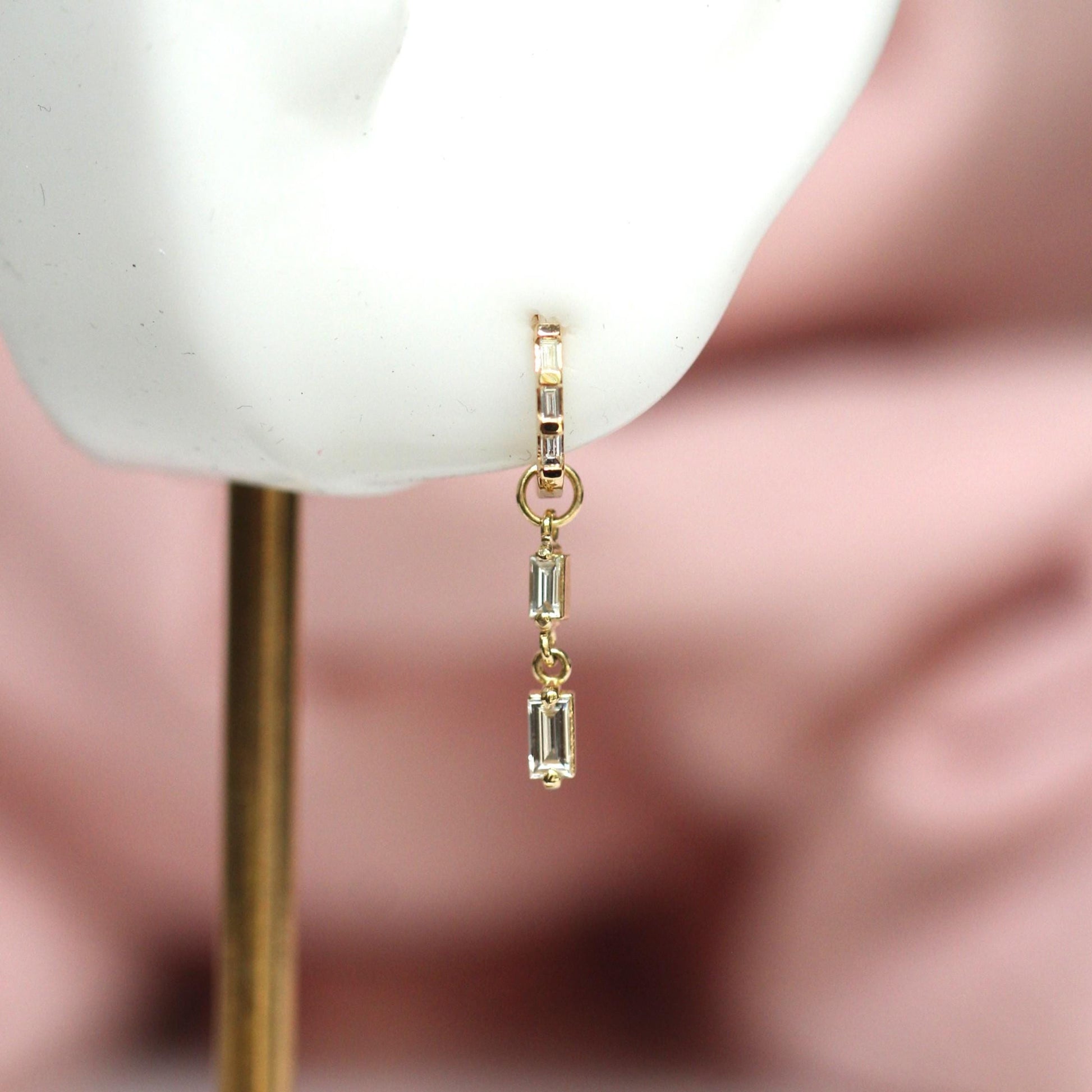 14K Baguette Diamond Huggie Earrings, Natural Diamonds, Clicker Closure Huggie, Solid Gold, 10mm Heggie, Rectangle Diamond, Step Cut