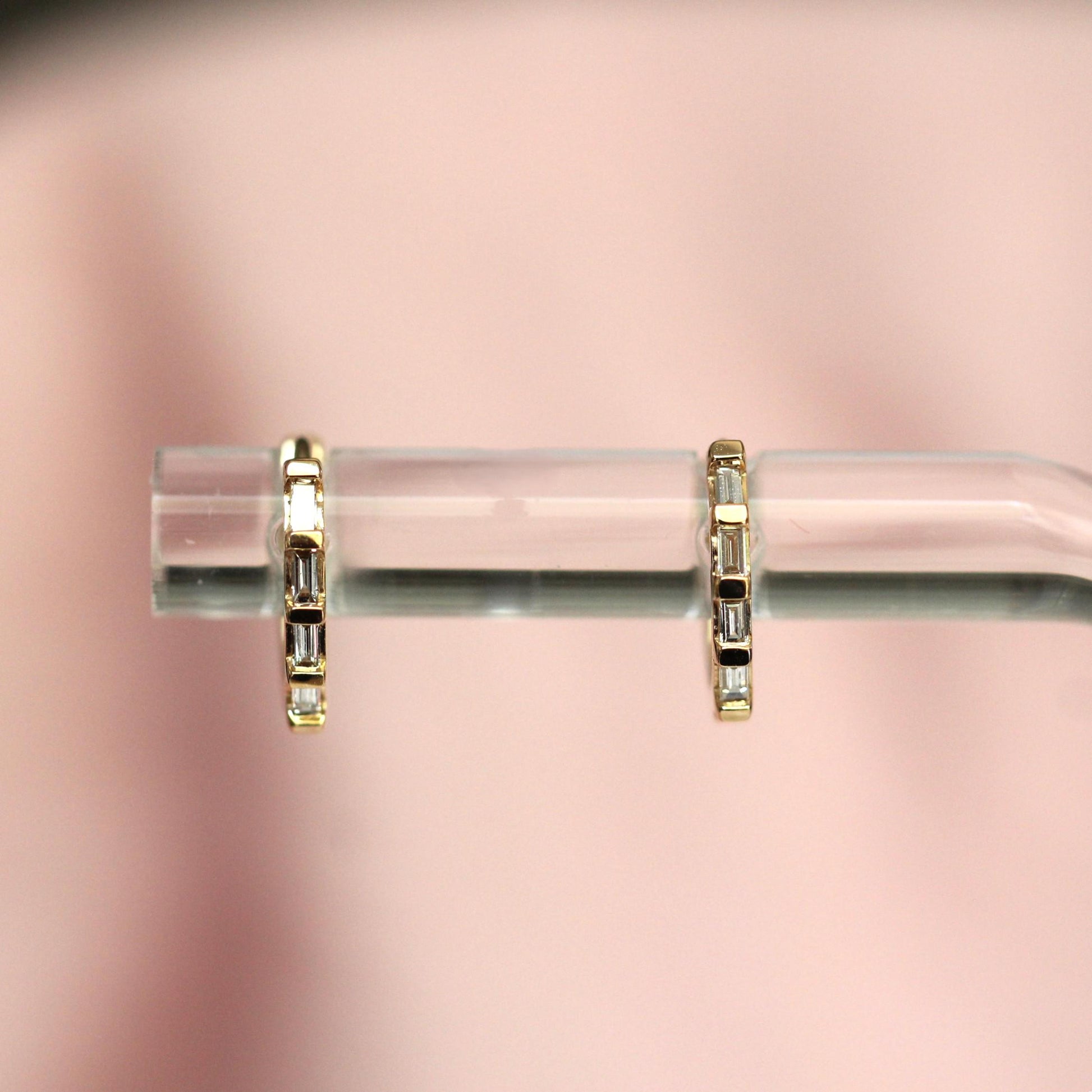 14K Baguette Diamond Huggie Earrings, Natural Diamonds, Clicker Closure Huggie, Solid Gold, 10mm Heggie, Rectangle Diamond, Step Cut