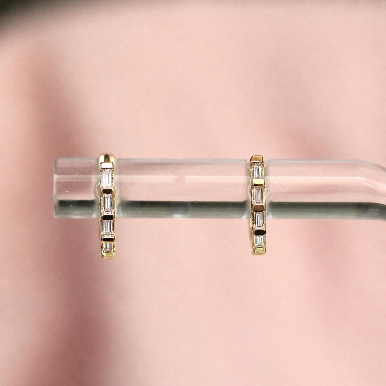 14K Baguette Diamond Huggie Earrings, Natural Diamonds, Clicker Closure Huggie, Solid Gold, 10mm Heggie, Rectangle Diamond, Step Cut