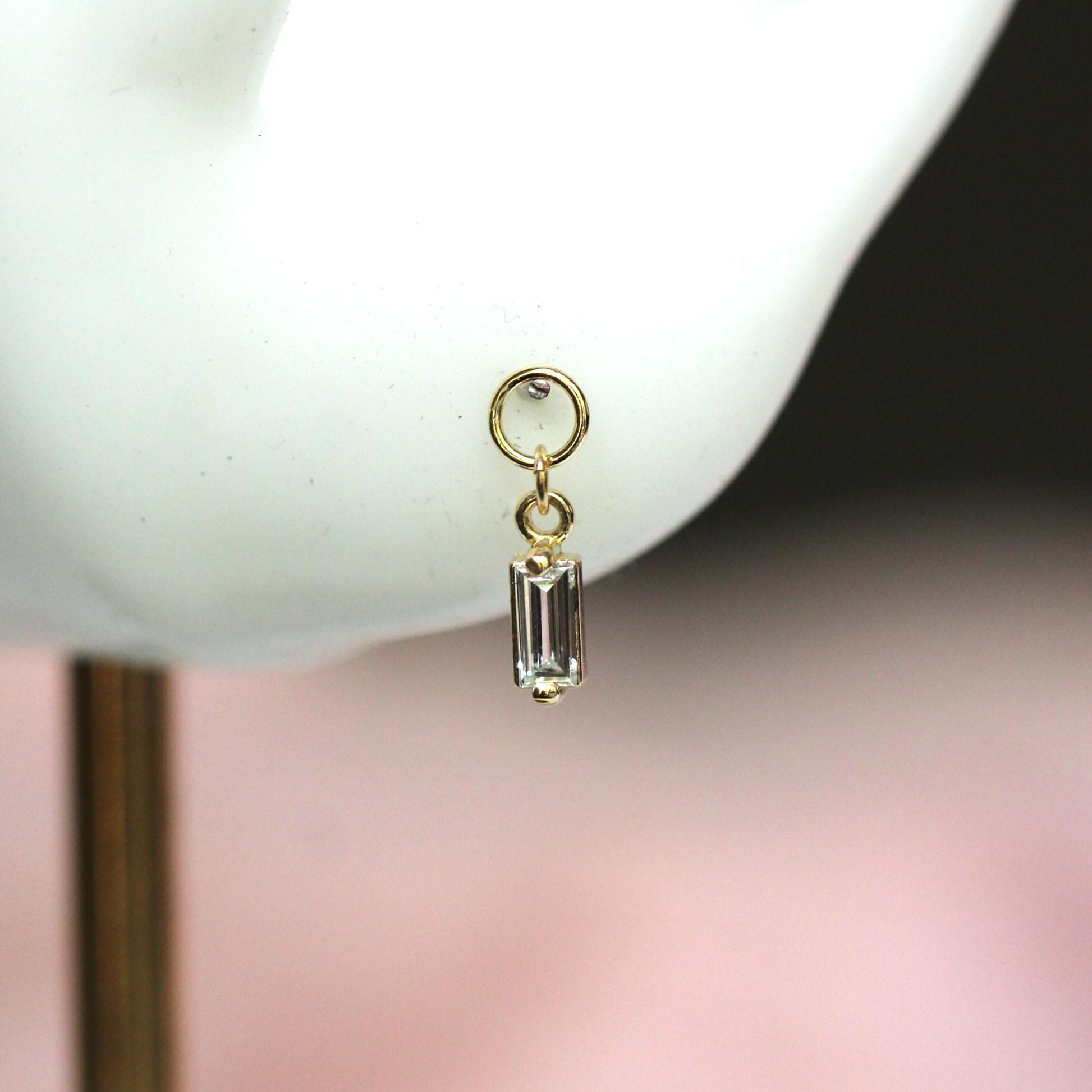 14K Diamond Baguette Earring Charm, Earring Dangle, Huggie Dangle, Stud Charm, Solid Gold, Hoop Charm, Piercing Charm, Earring Add On