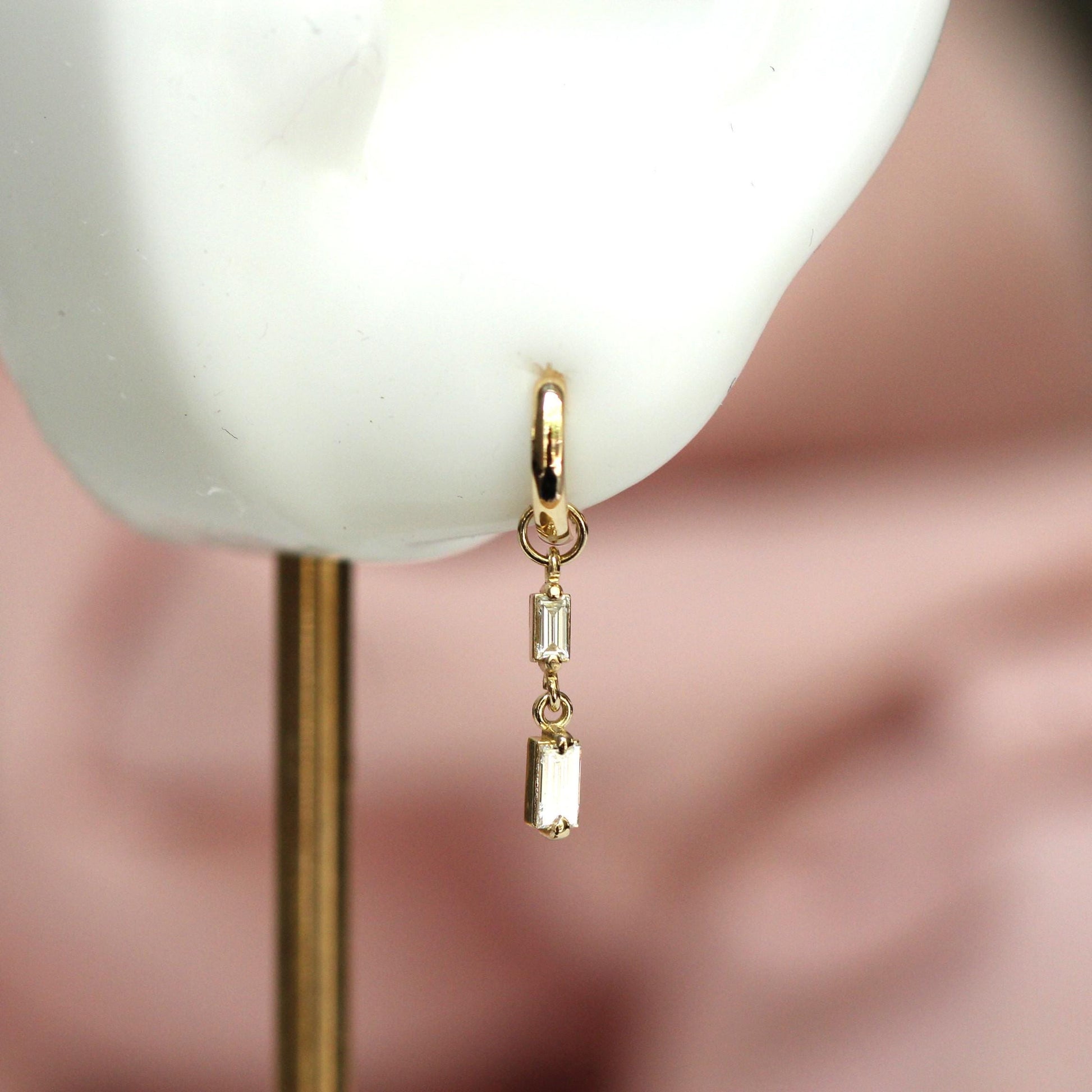 14K Double Diamond Baguette Earring Charm, Earring Dangle, Huggie Dangle, Stud Charm, Solid Gold, Hoop Charm, Piercing Charm, Earring Add On