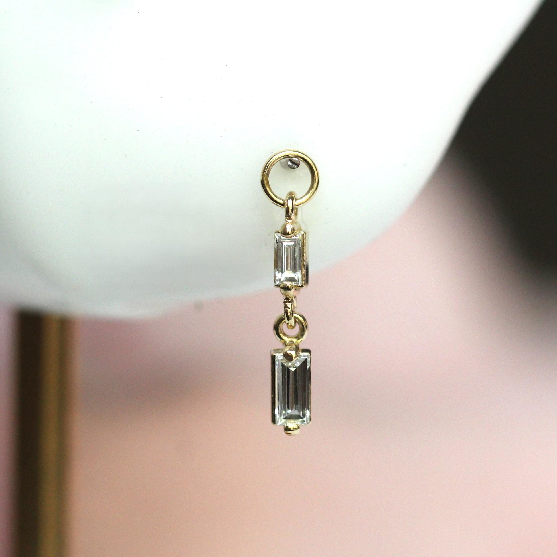 14K Double Diamond Baguette Earring Charm, Earring Dangle, Huggie Dangle, Stud Charm, Solid Gold, Hoop Charm, Piercing Charm, Earring Add On
