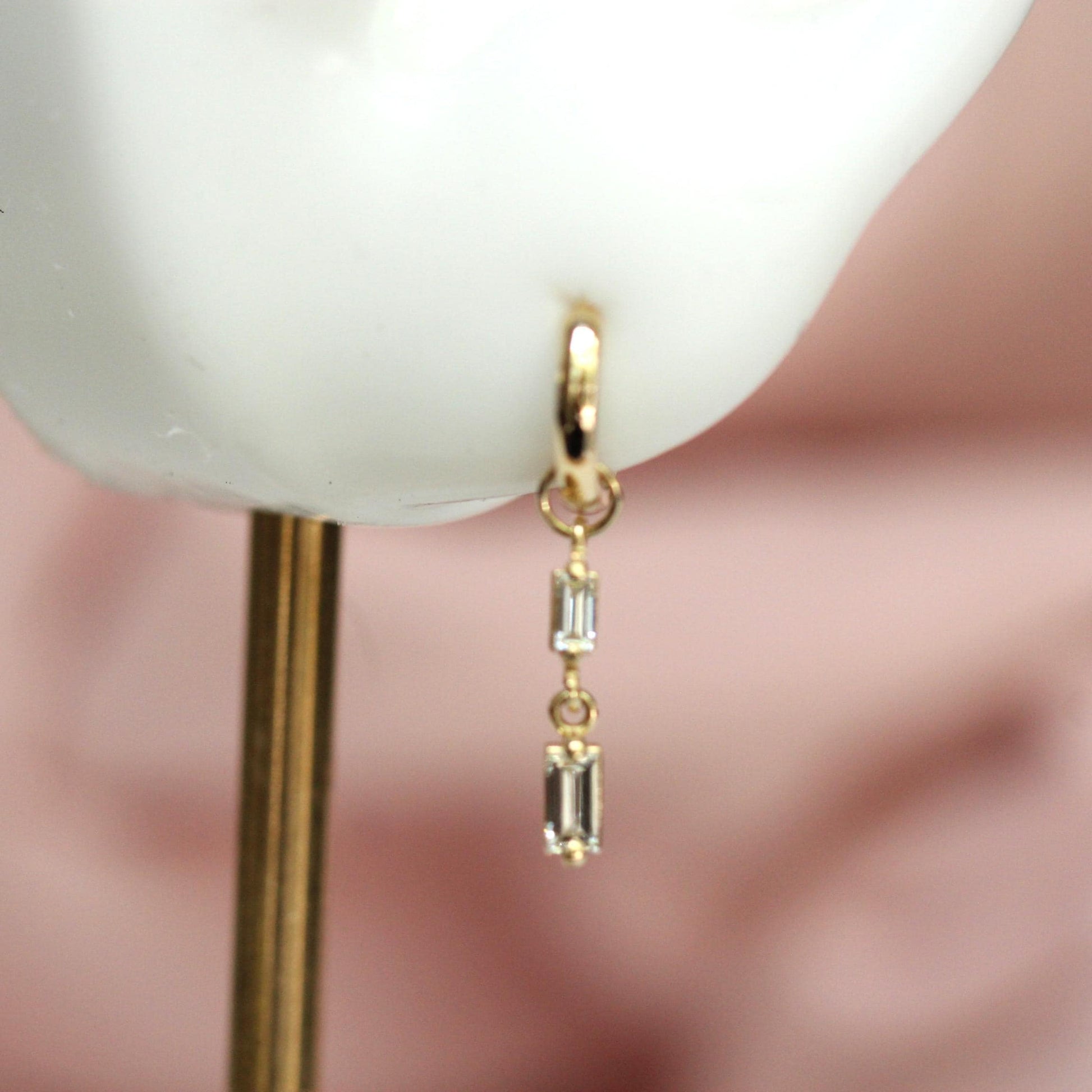 14K Double Diamond Baguette Earring Charm, Earring Dangle, Huggie Dangle, Stud Charm, Solid Gold, Hoop Charm, Piercing Charm, Earring Add On