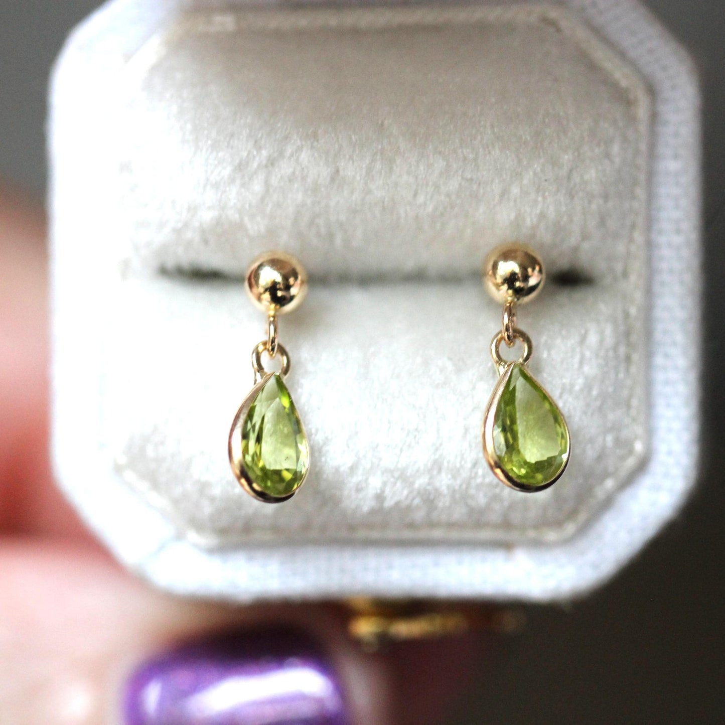14K Peridot Pear Drop Studs, Tear Shape Peridot, Post Studs, Bezel Peridot, August Birthstone Stud, Green Gemstone, Short Dangle Earrings