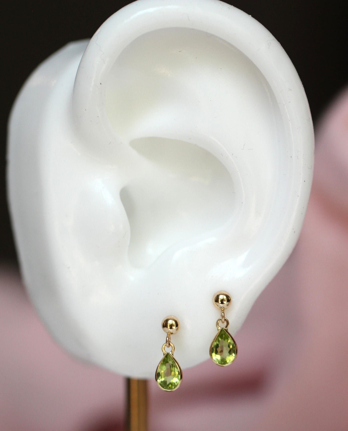 14K Peridot Pear Drop Studs, Tear Shape Peridot, Post Studs, Bezel Peridot, August Birthstone Stud, Green Gemstone, Short Dangle Earrings