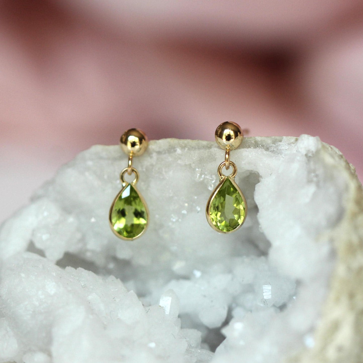 14K Peridot Pear Drop Studs, Tear Shape Peridot, Post Studs, Bezel Peridot, August Birthstone Stud, Green Gemstone, Short Dangle Earrings