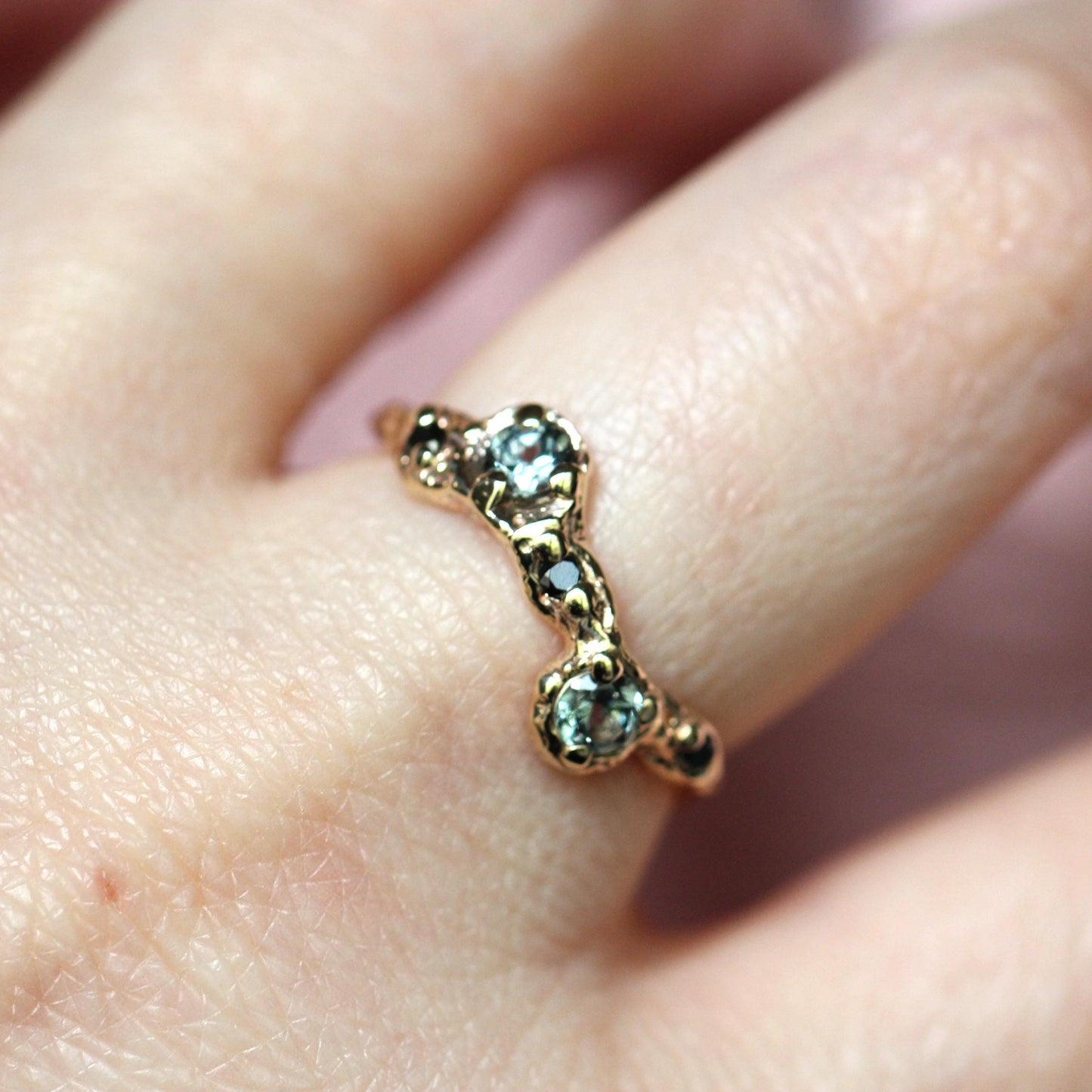 14K Grey Spinel and Black Diamond Ring, Wave Texture Ring Organic Texture Ring, Solid Gold, Molted Gold Ring, 10K Gold, Unique Ring