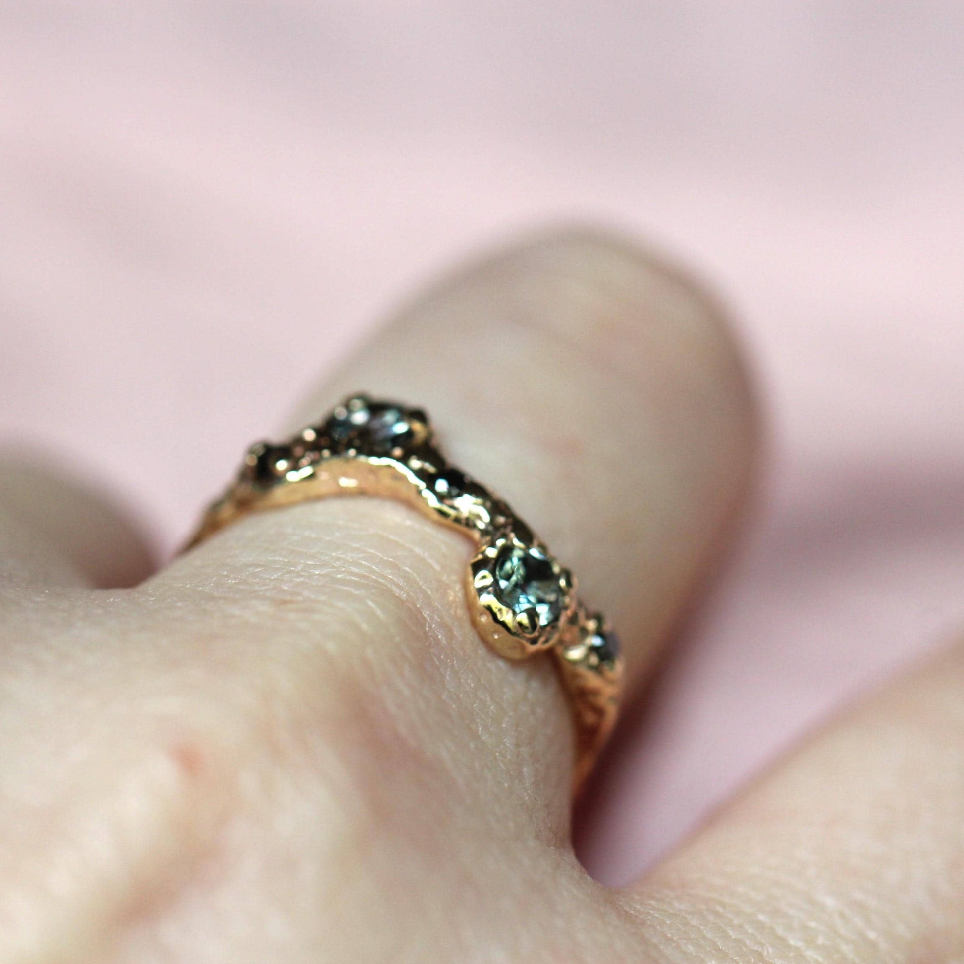 14K Grey Spinel and Black Diamond Ring, Wave Texture Ring Organic Texture Ring, Solid Gold, Molted Gold Ring, 10K Gold, Unique Ring