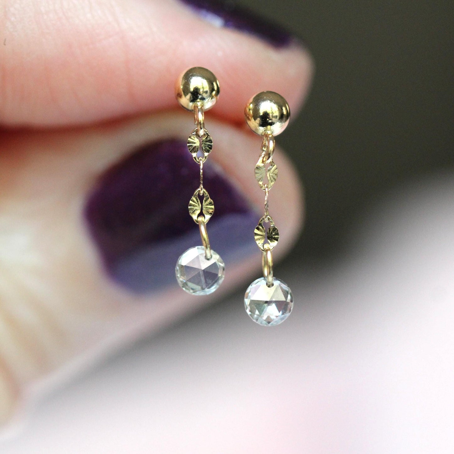14K Rose-cut Diamond Dangle Studs, Shimmer Studs, Short Dangle Studs, Floating Diamond, Chain Studs, Sparkle Chain Earrings, Solid Gold