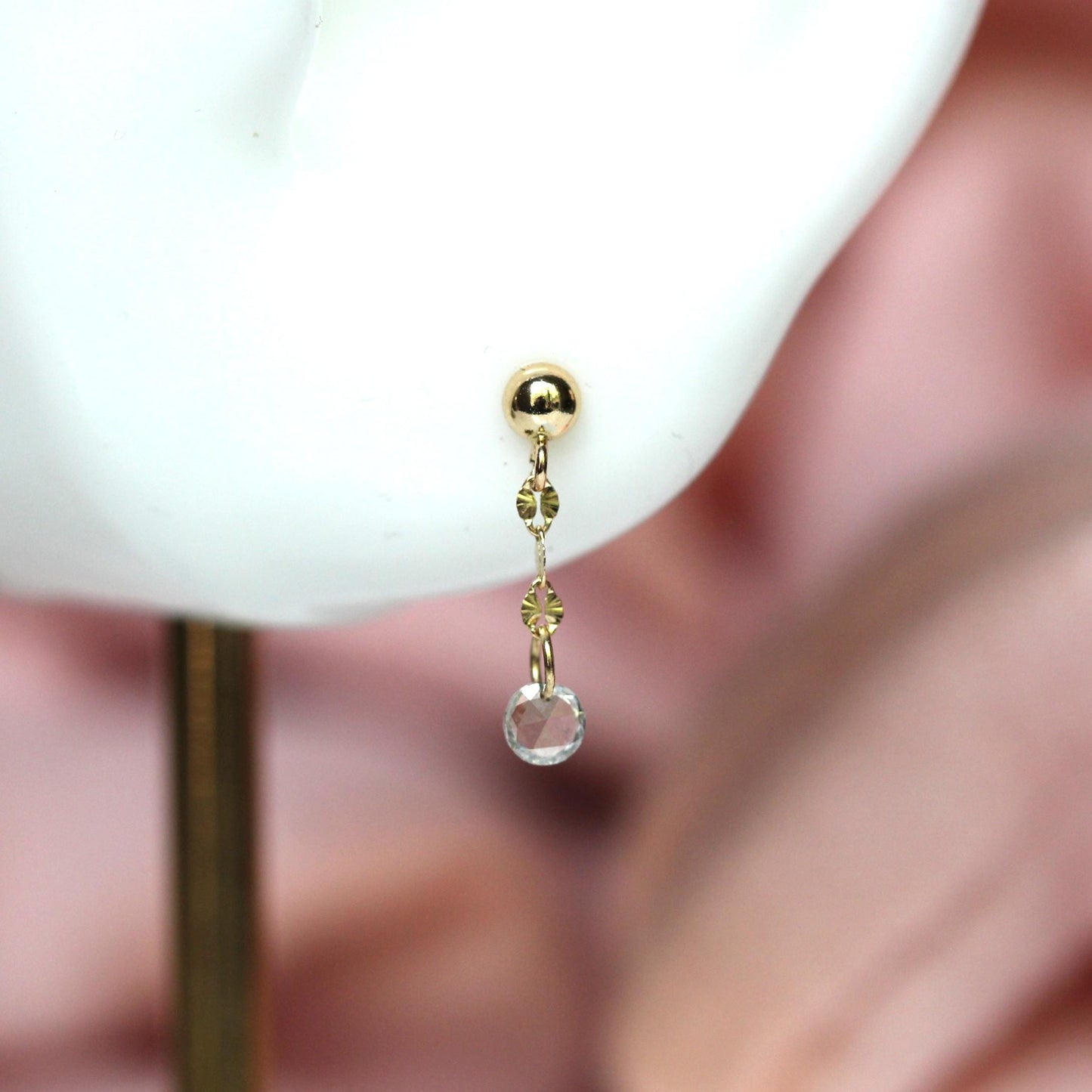 14K Rose-cut Diamond Dangle Studs, Shimmer Studs, Short Dangle Studs, Floating Diamond, Chain Studs, Sparkle Chain Earrings, Solid Gold